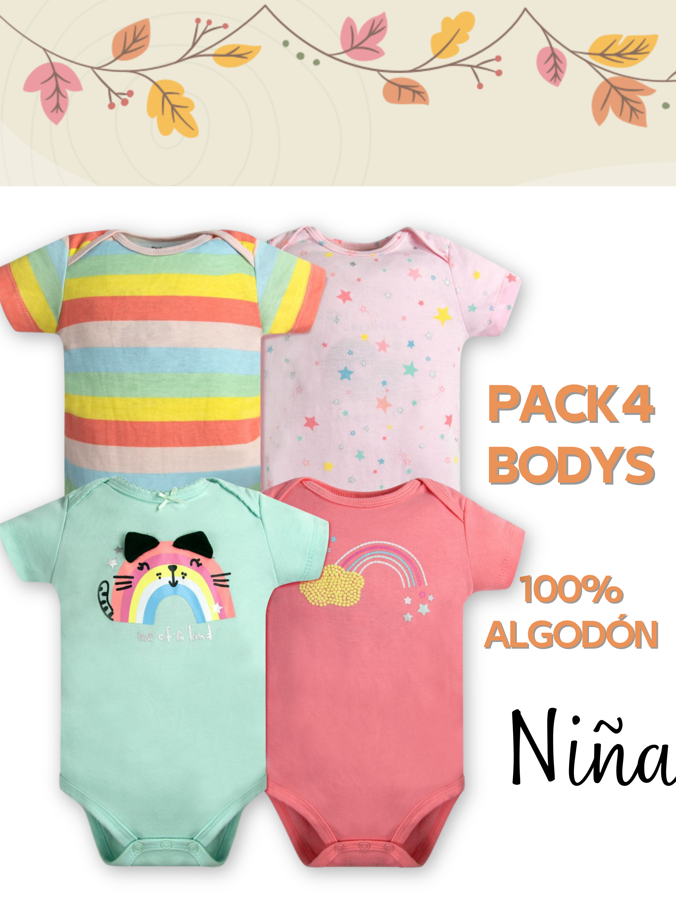 Pack 4 Bodys Niña Manga Corta Tedmimak 100% Algodón Arcoiris-4