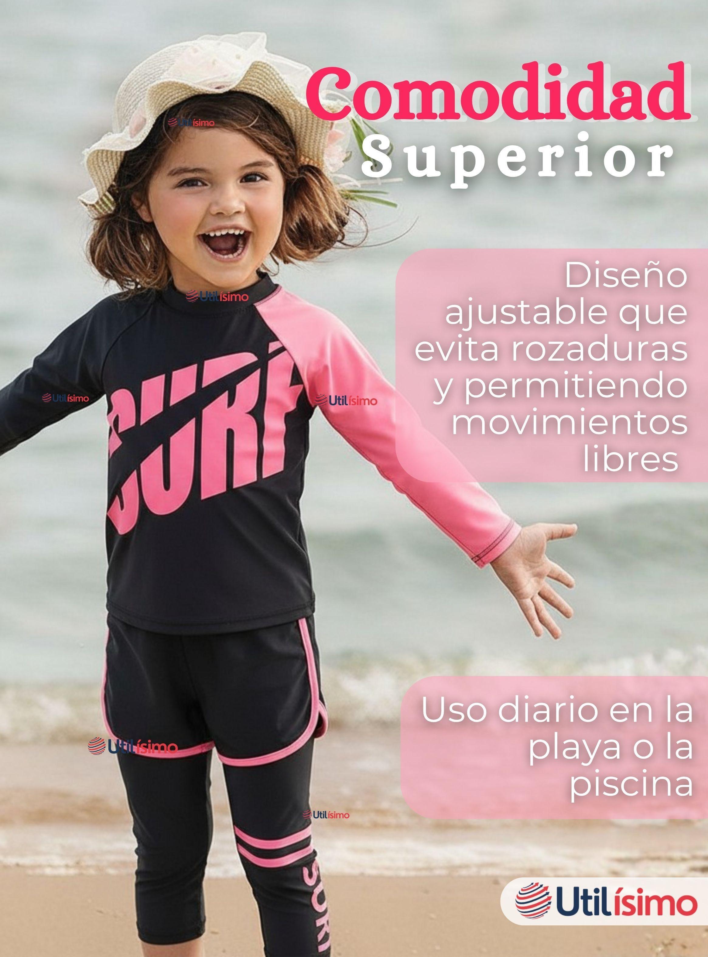 Traje de Baño Manga Larga Pantalón Largo Pantalón Corto 3 Piezas Para Niñas 3 a 11 años Black -6