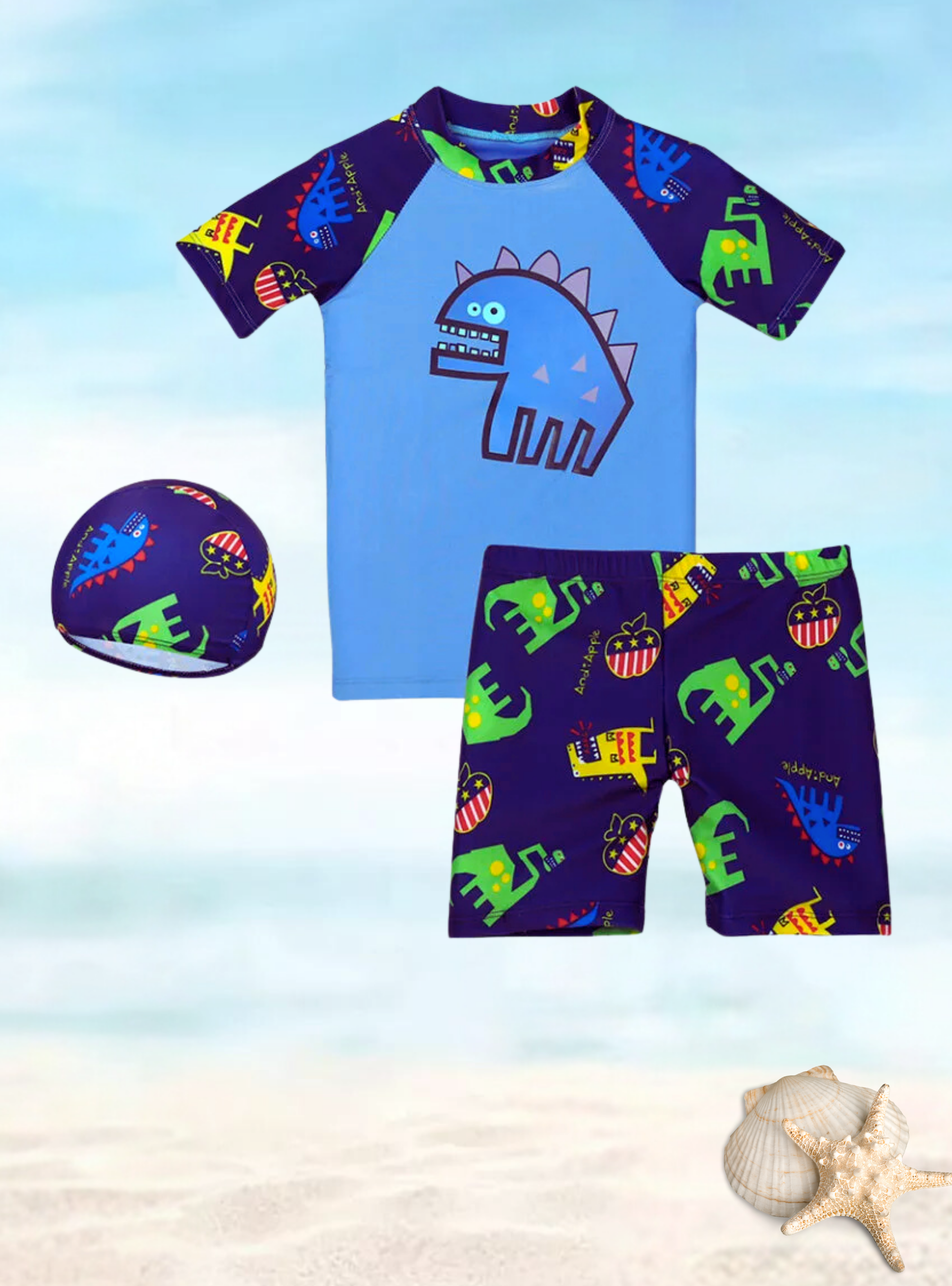 Traje De Baño 3 Piezas Manga Corta Jump Kids Dinosaurios Azul Oscuro-1