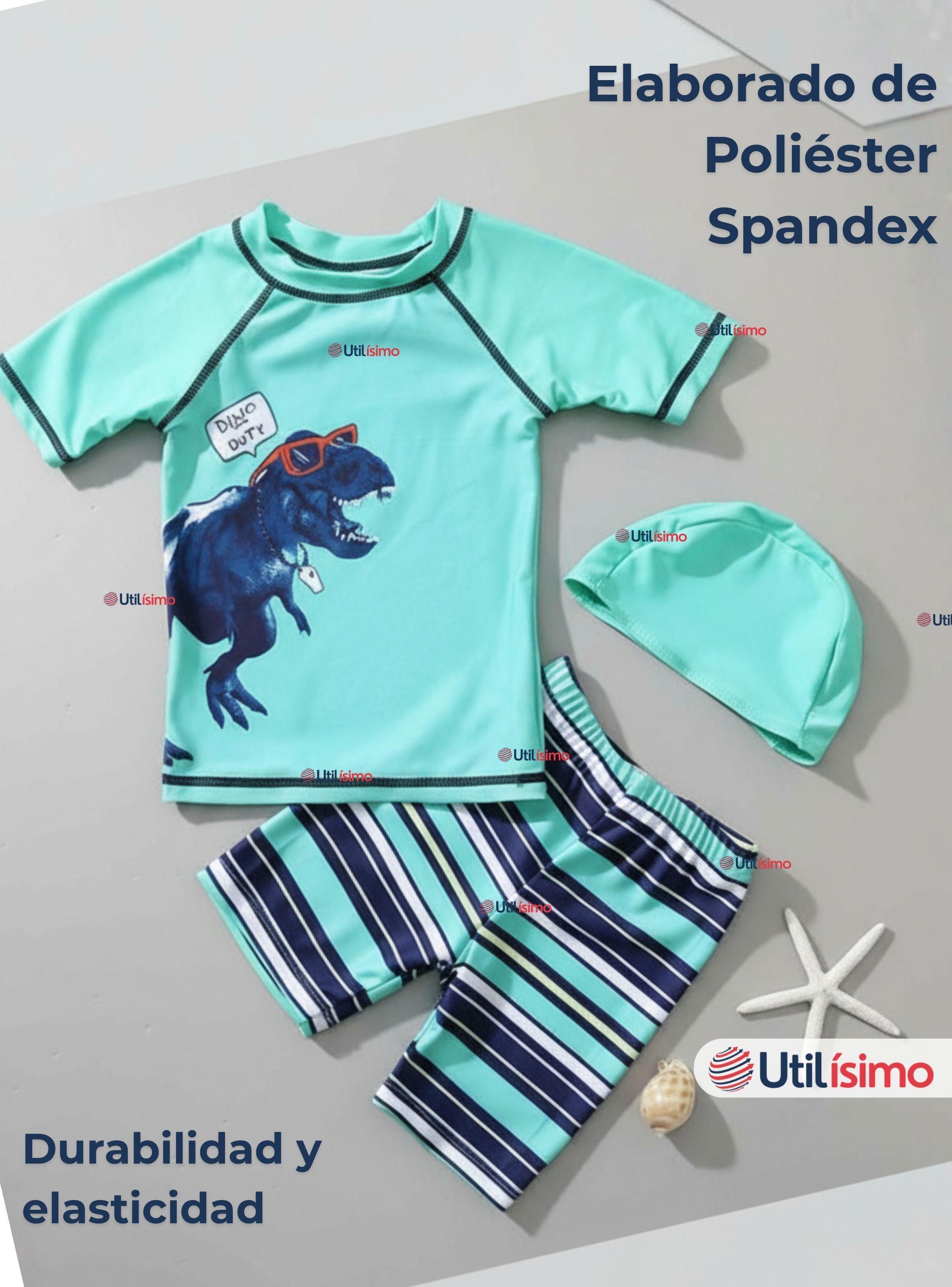 Traje De Baño Polera Manga Corta Pantalón Corto y Gorro 3 piezas para Niño de 3 a 9 Años Dino-5