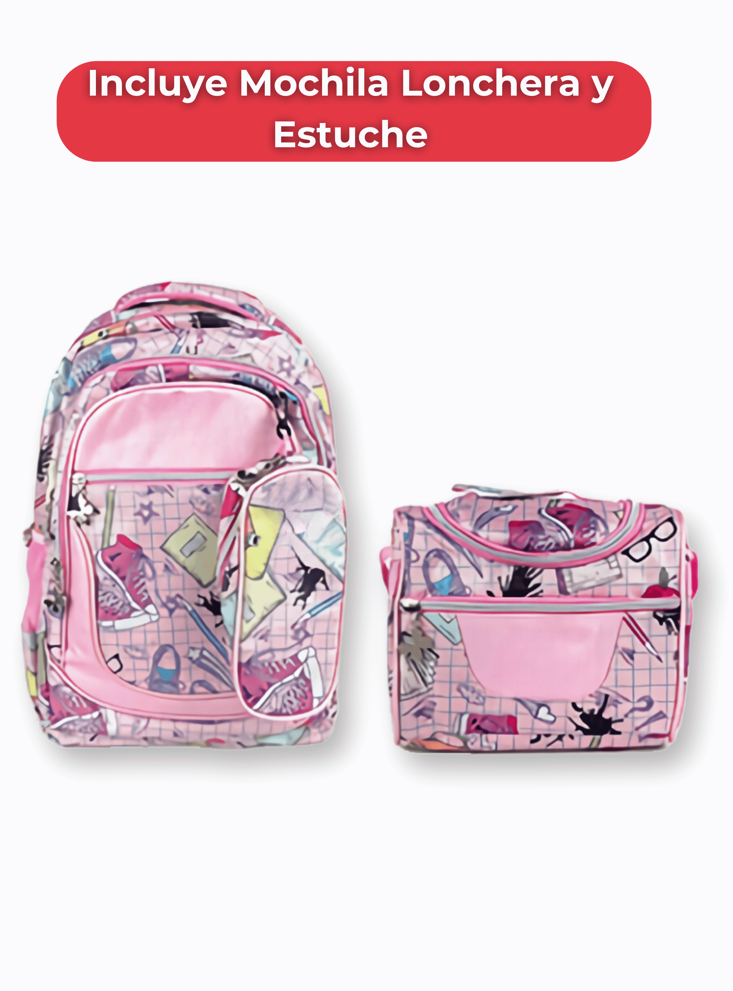 Mochila Con Lonchera Y Estuche 45CM Diseño Estampado Niña Geometric Pink-2
