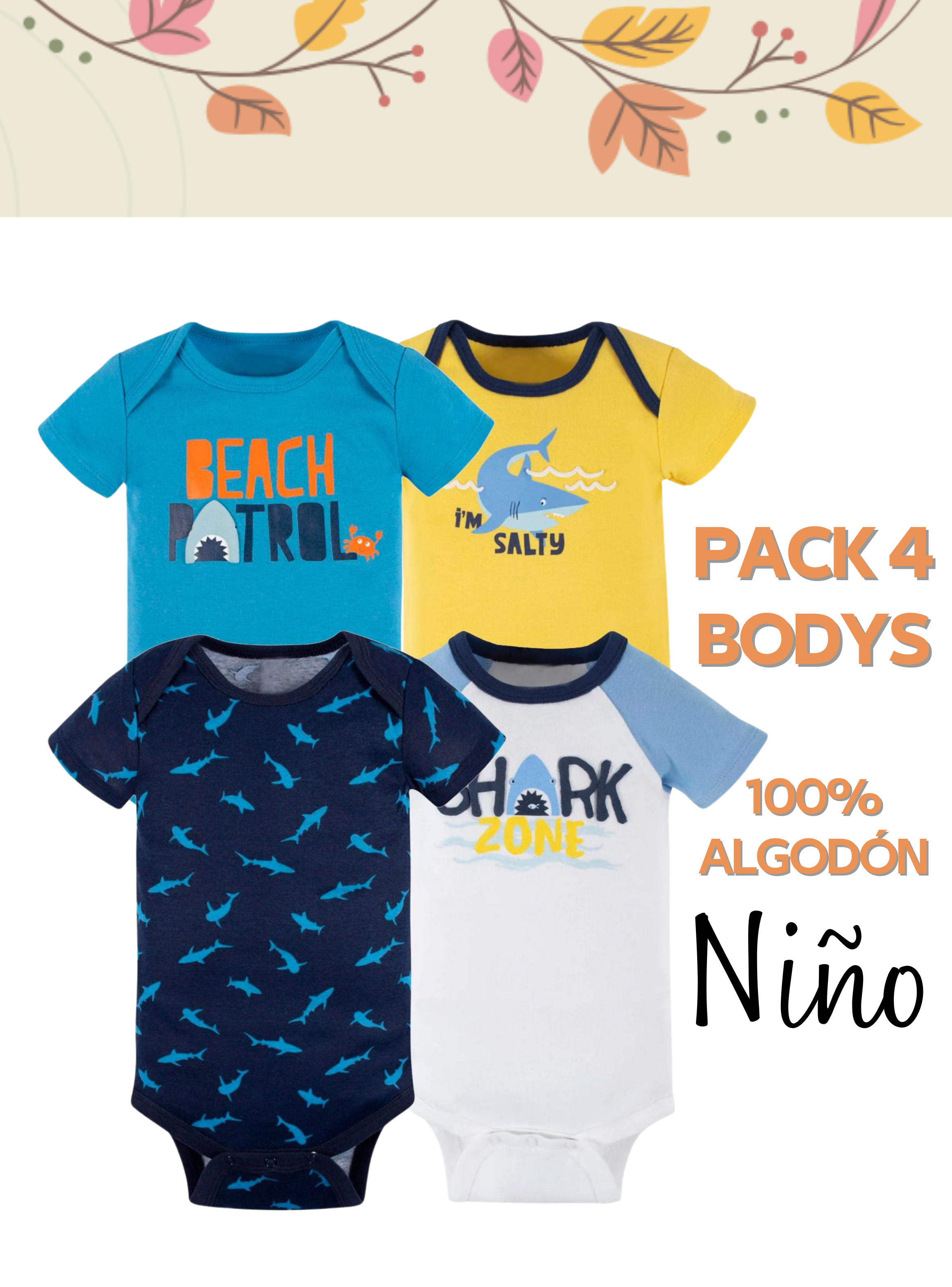 Pack 4 Bodys Niño Manga Corta Tedmimak 100% Algodón Tiburón Azul-4