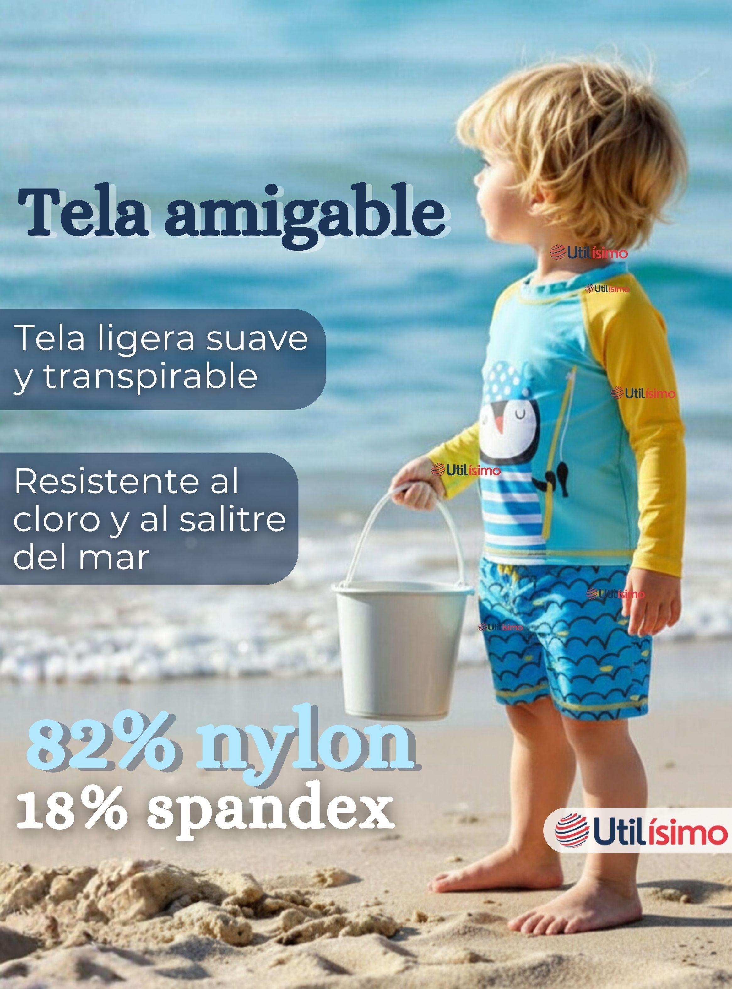 Traje de Baño Manga Larga Pantalón Corto 2 Piezas Corte Split Para Niño 3 a 9 años Blue Penguin-2