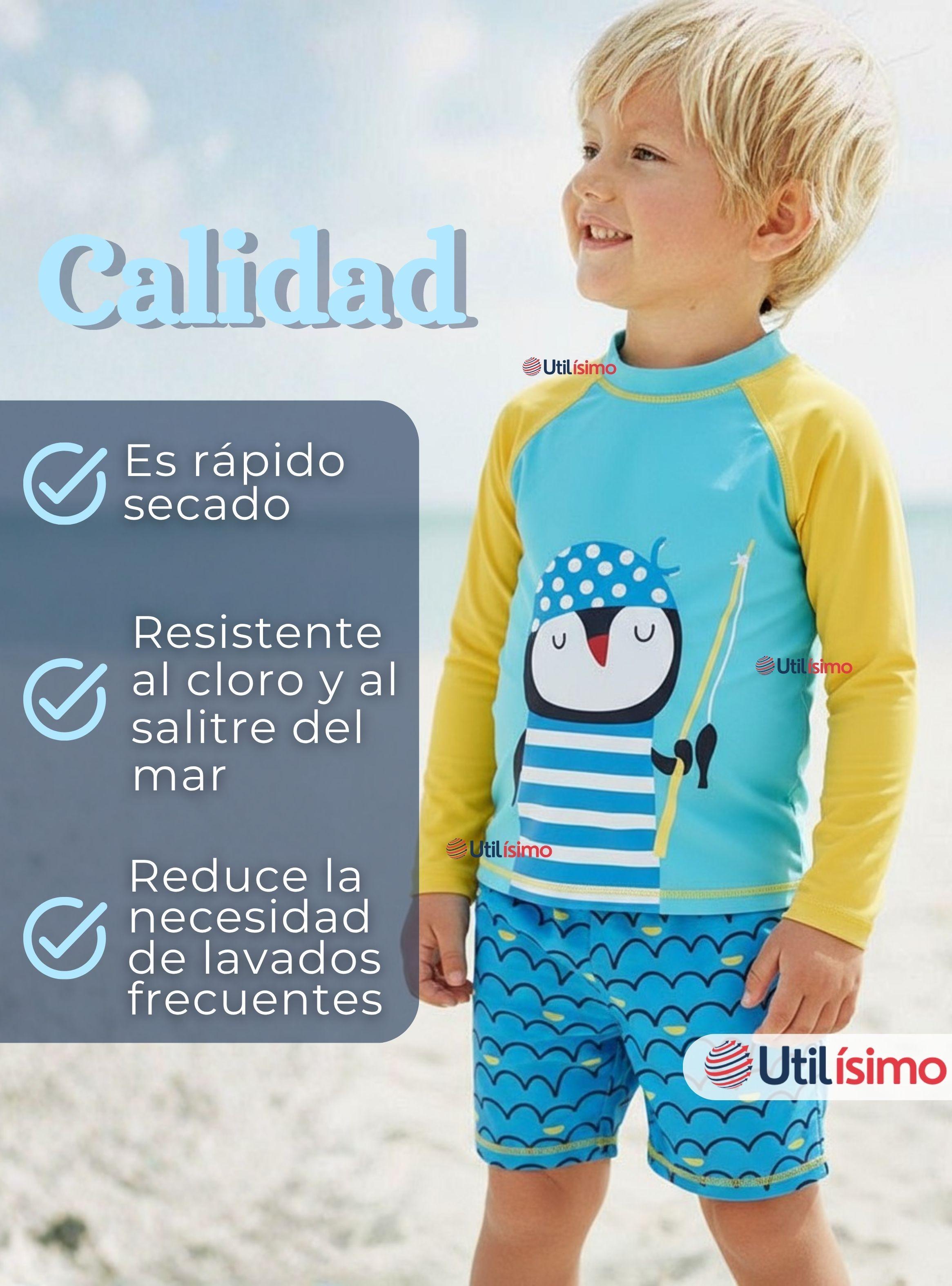 Traje de Baño Manga Larga Pantalón Corto 2 Piezas Corte Split Para Niño 3 a 9 años Blue Penguin-7