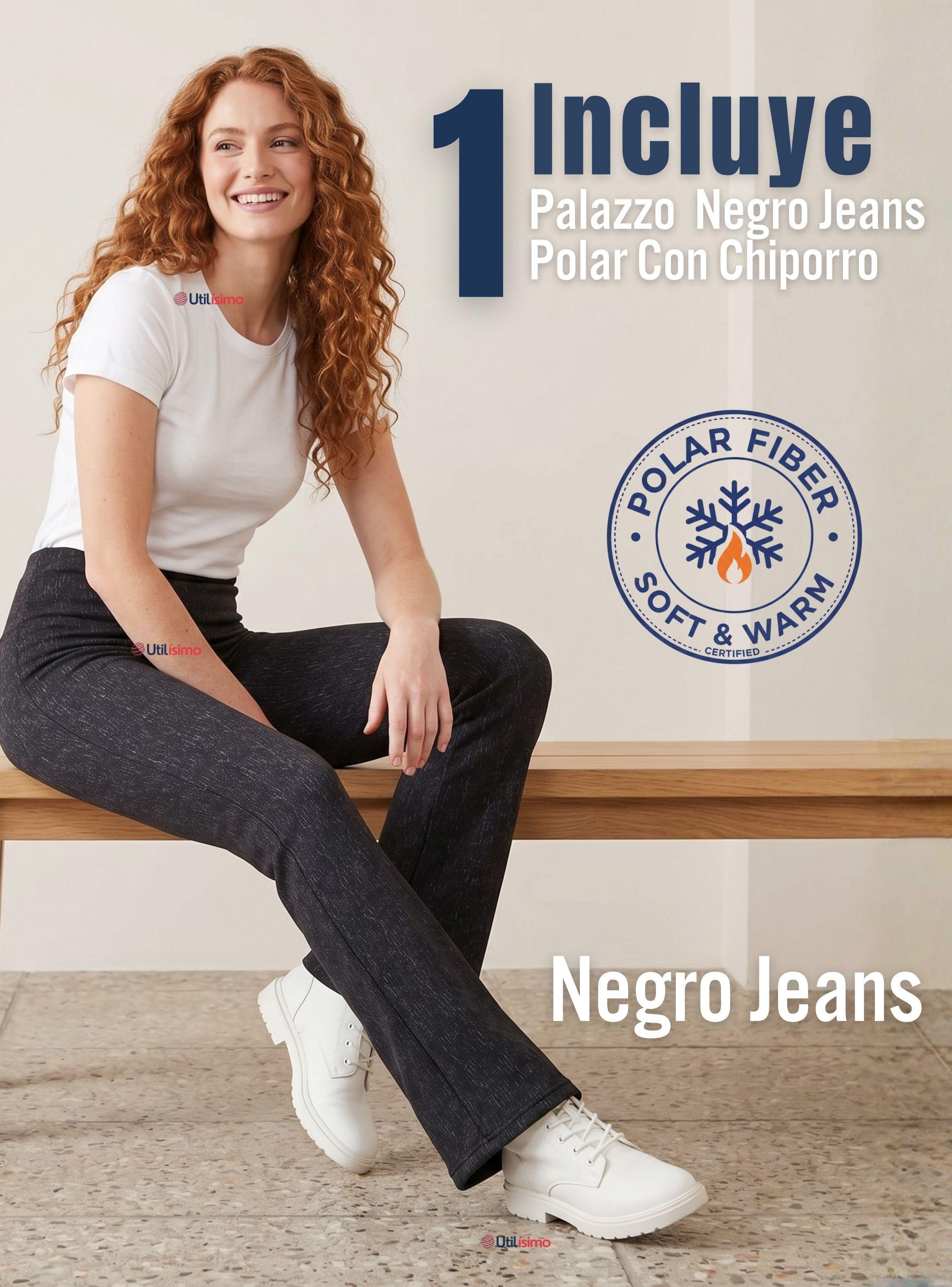 Calza Polar Con Chiporro Palazzo Mujer Elasticada Térmica Negro Jeans-2