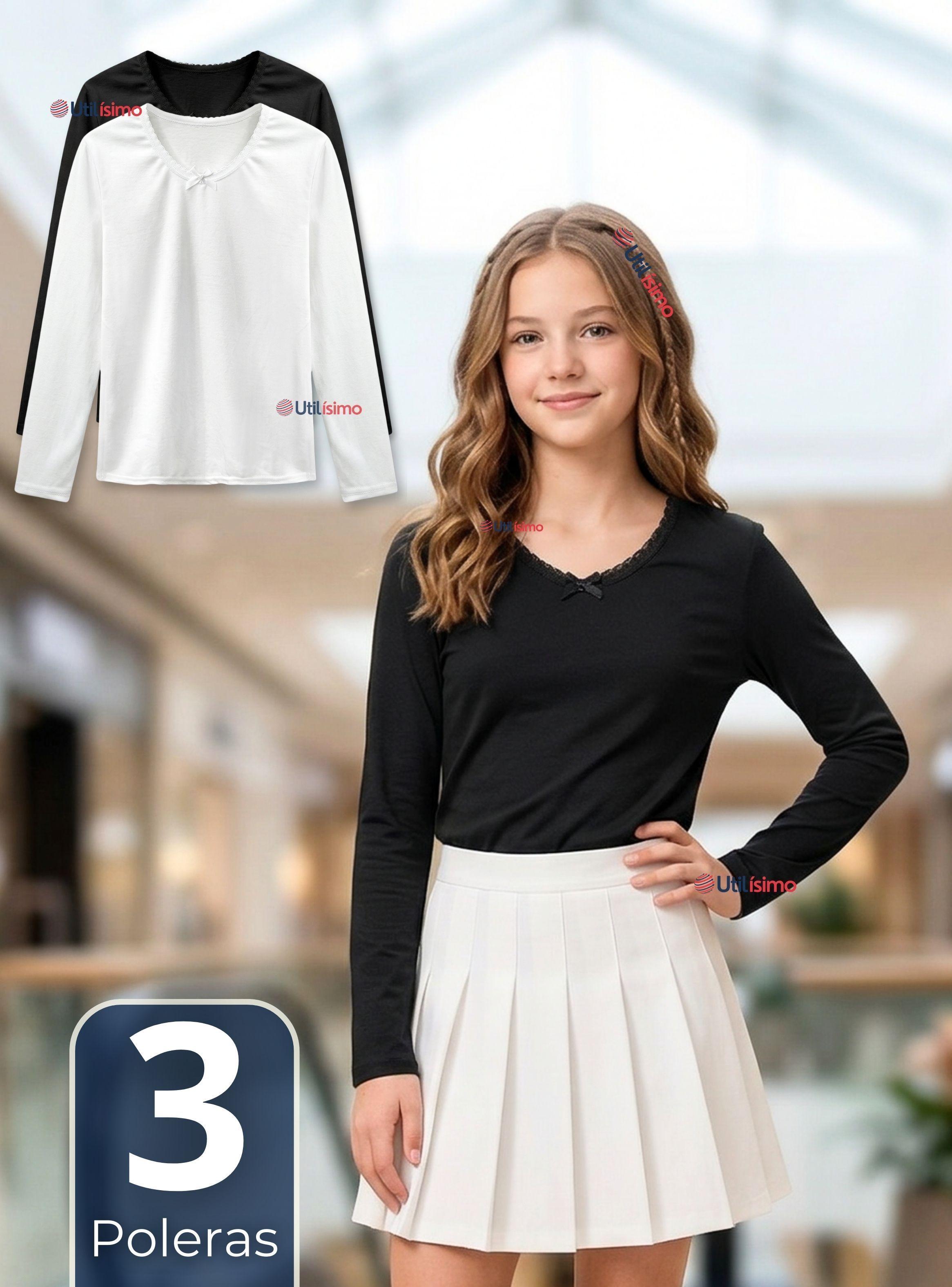 Pack 3 Camiseta Polera Algodón Cuello Redondo Primera Capa Manga Larga Colores Surtidos Niña Juvenil-0