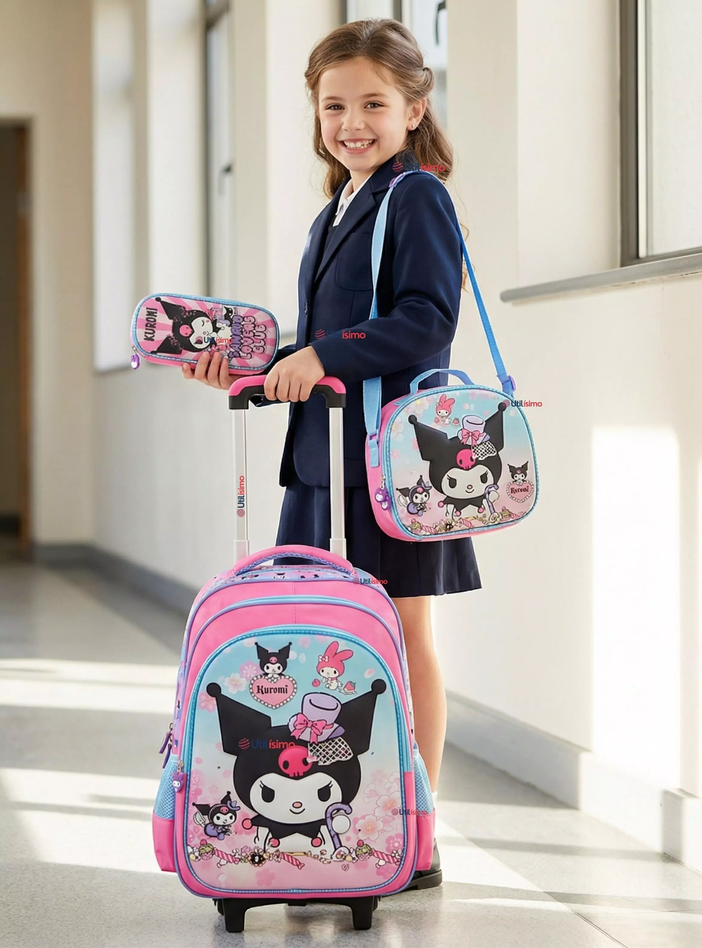 Mochila Escolar Kuromi 3D Con Ruedas Desmontable + Estuche+Lonchera Poliéster Pastel Adventure Niña-0