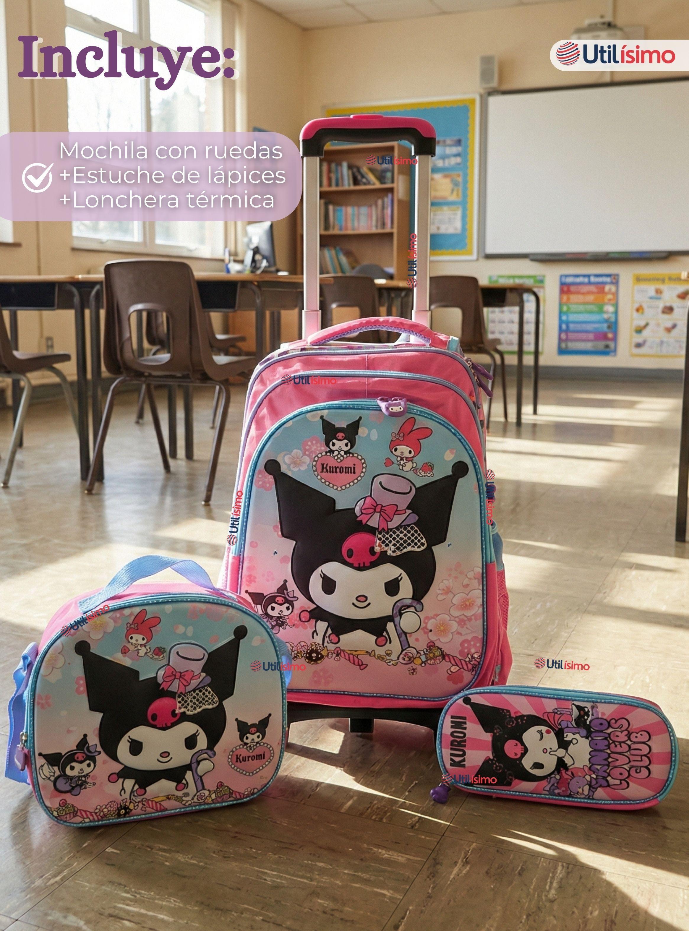 Mochila Escolar Kuromi 3D Con Ruedas Desmontable + Estuche+Lonchera Poliéster Pastel Adventure Niña-1
