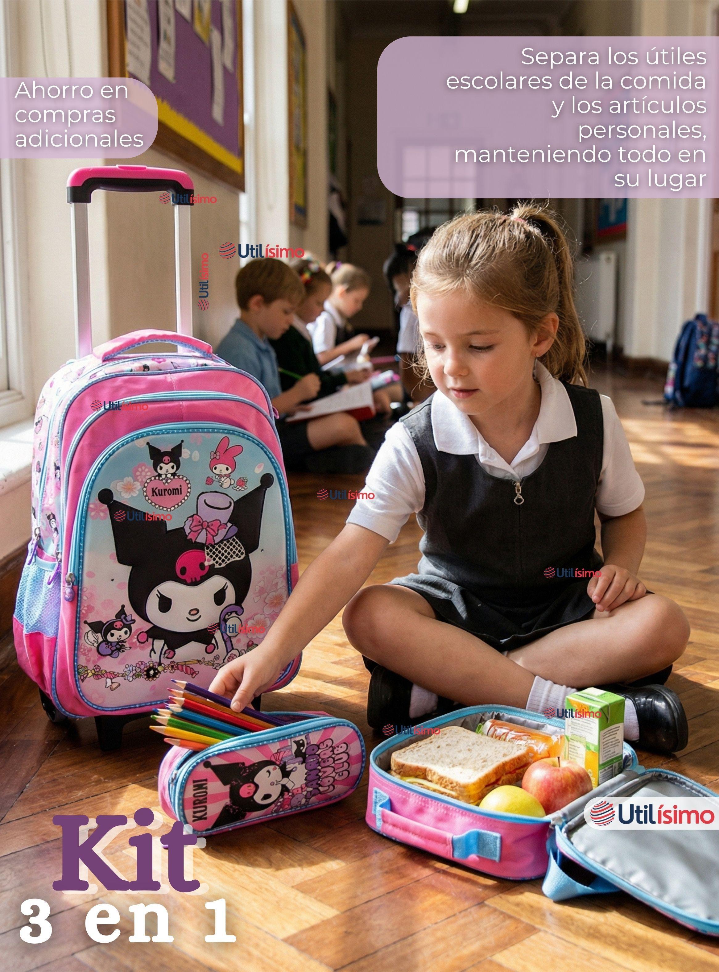 Mochila Escolar Kuromi 3D Con Ruedas Desmontable + Estuche+Lonchera Poliéster Pastel Adventure Niña-2