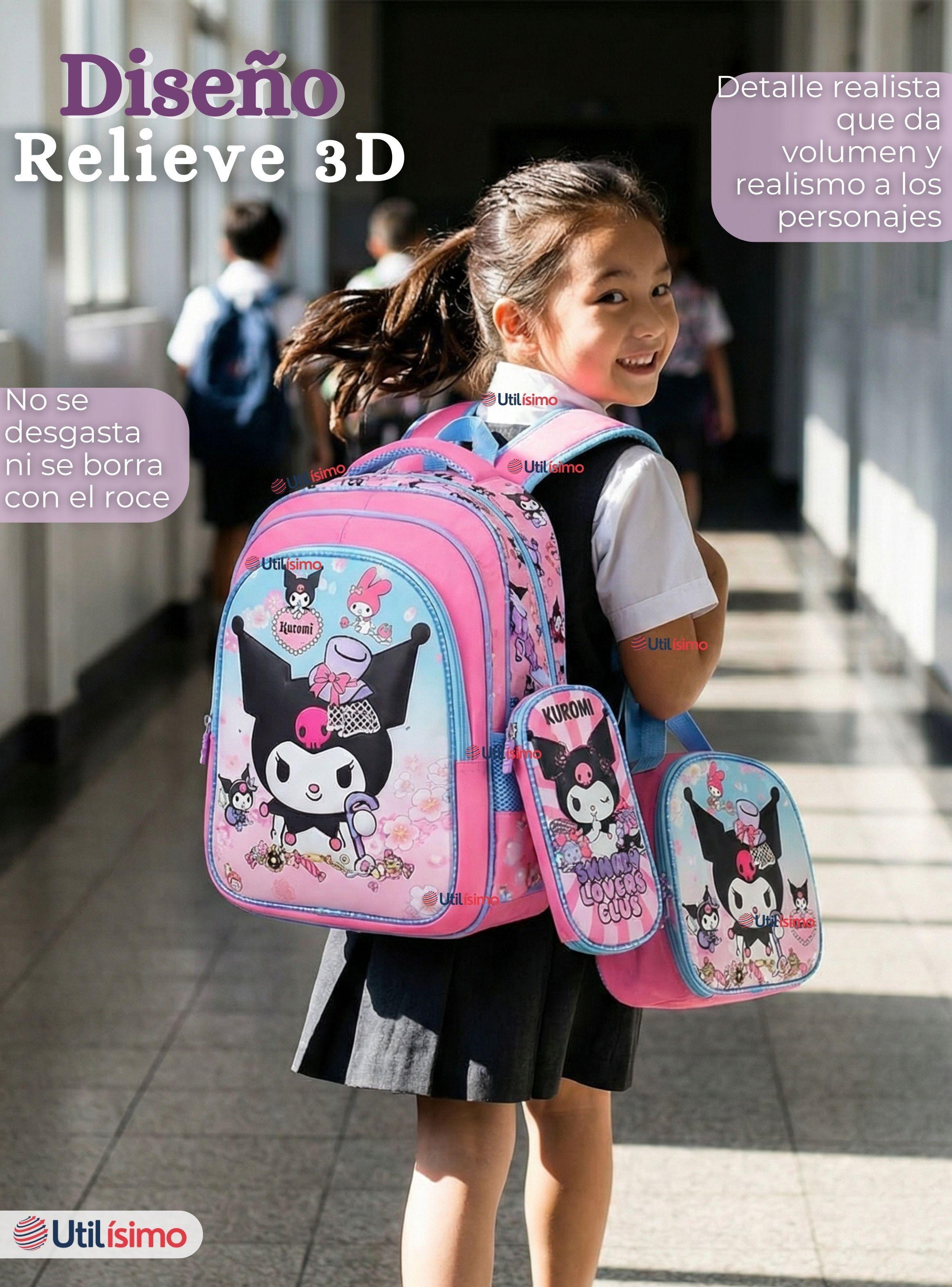 Mochila Escolar Kuromi 3D Con Ruedas Desmontable + Estuche+Lonchera Poliéster Pastel Adventure Niña-4