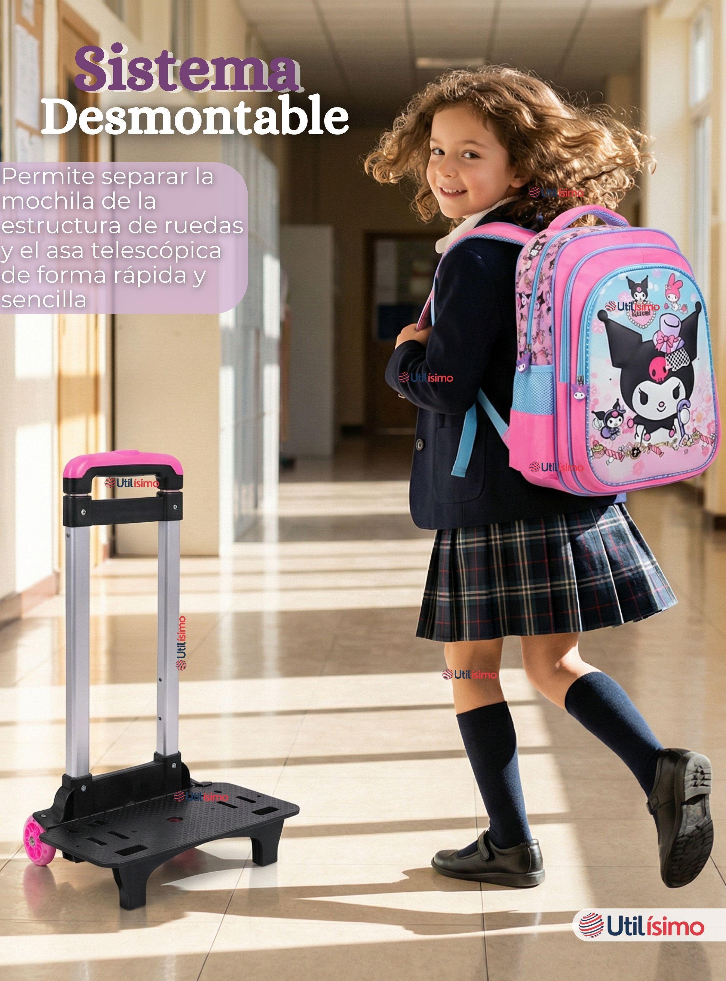 Mochila Escolar Kuromi 3D Con Ruedas Desmontable + Estuche+Lonchera Poliéster Pastel Adventure Niña-5