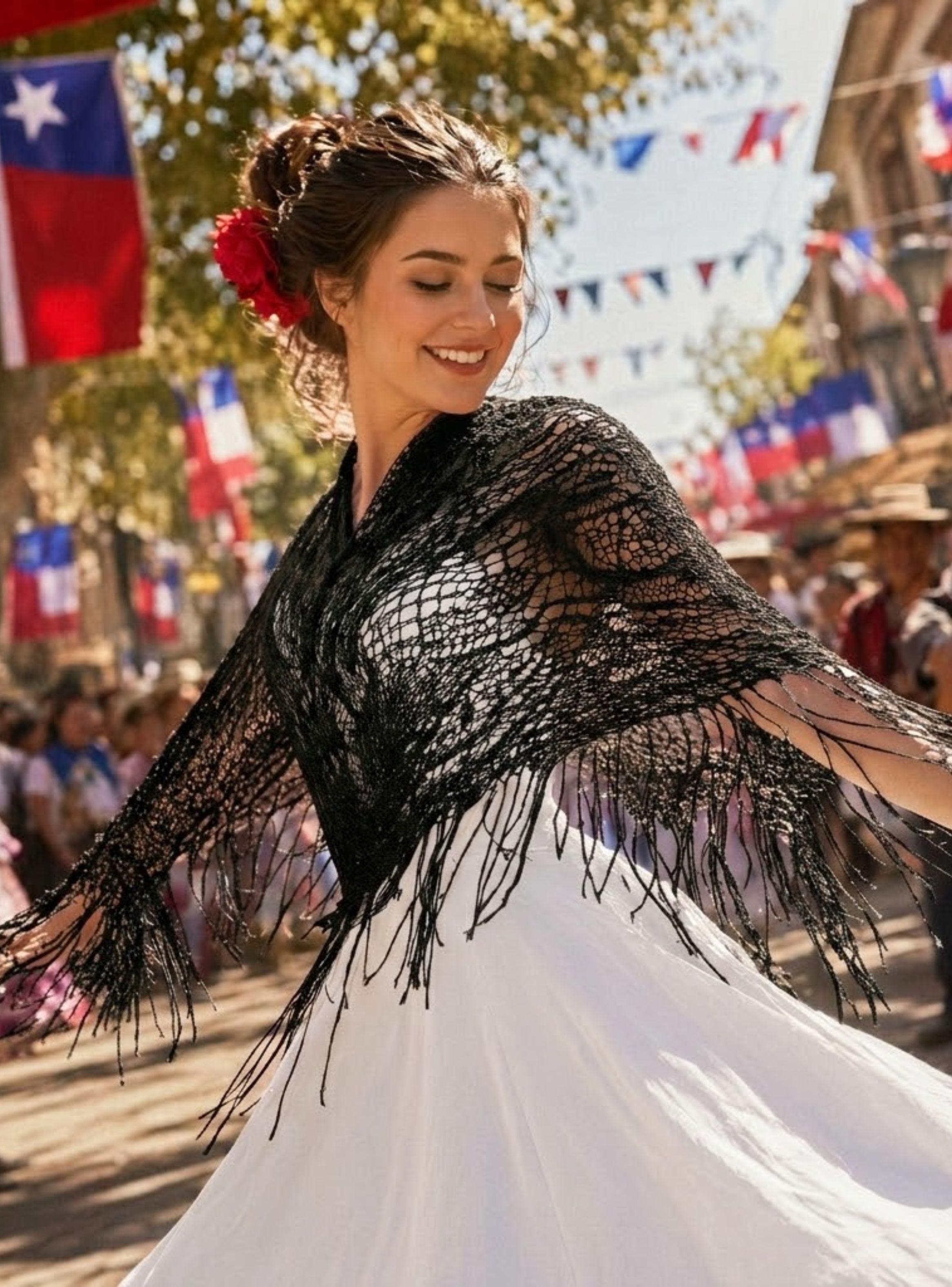 Puntilla Chal Negro Baile Chilote Mujer Traje Típico 110x51 cm-0