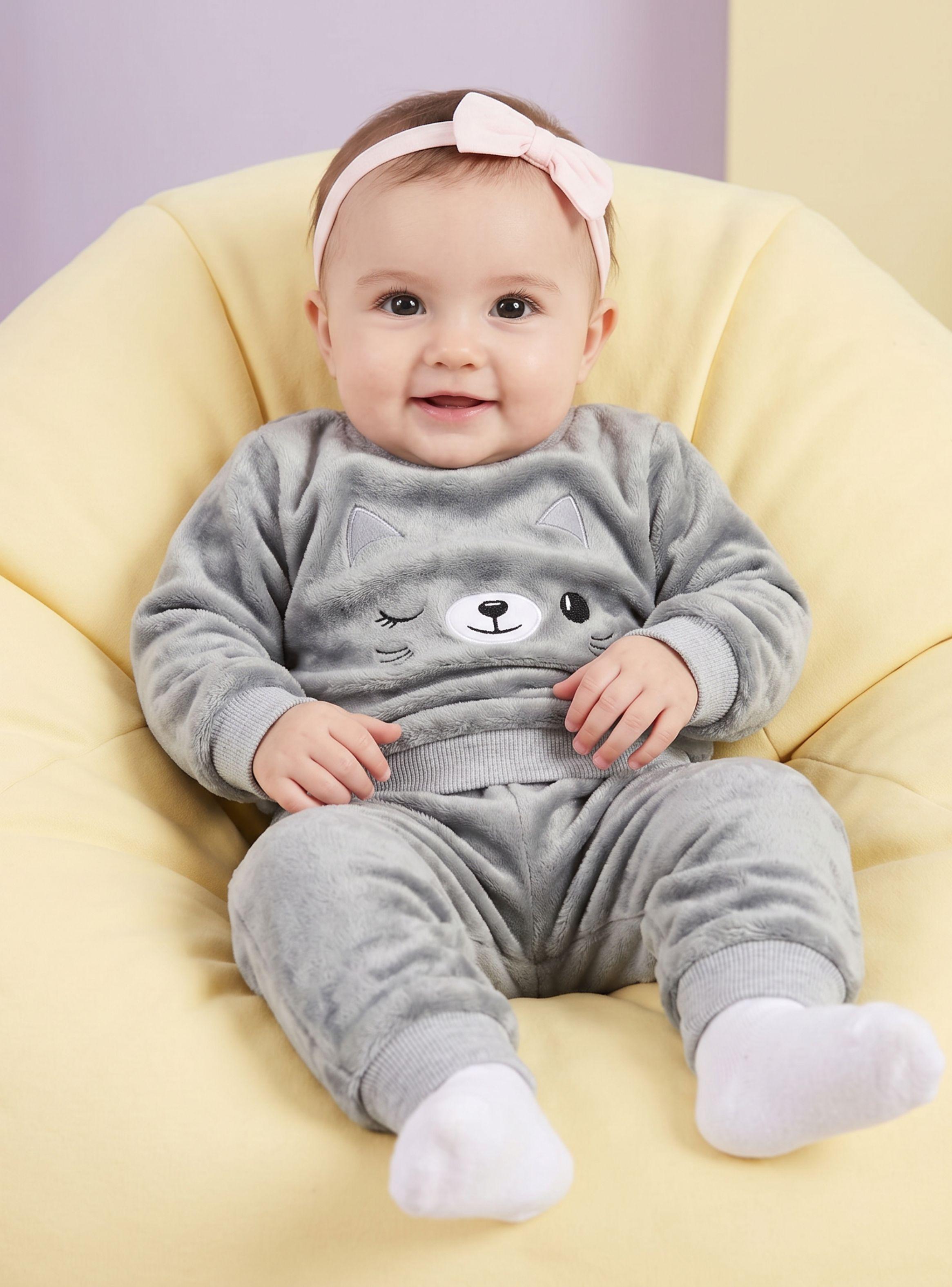 Conjunto 2 Piezas Buzo Polerón Frizado Bebe Niña Corderito Liso Gray Cat-1