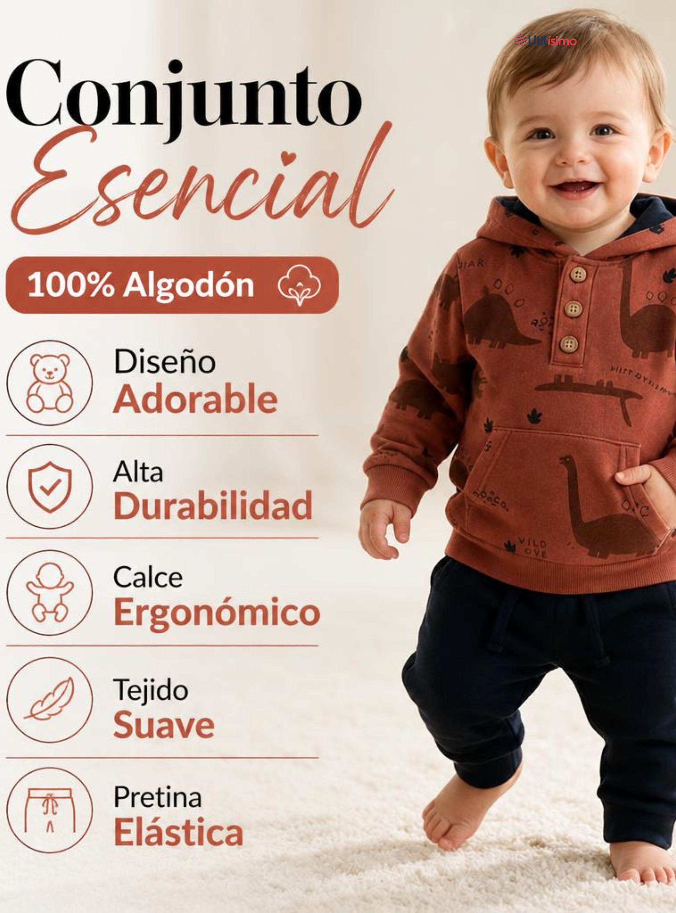 Conjunto 2 Piezas Polerón y Pantalón 100% Algodón Bebé Niño Brown Dinosaur-3