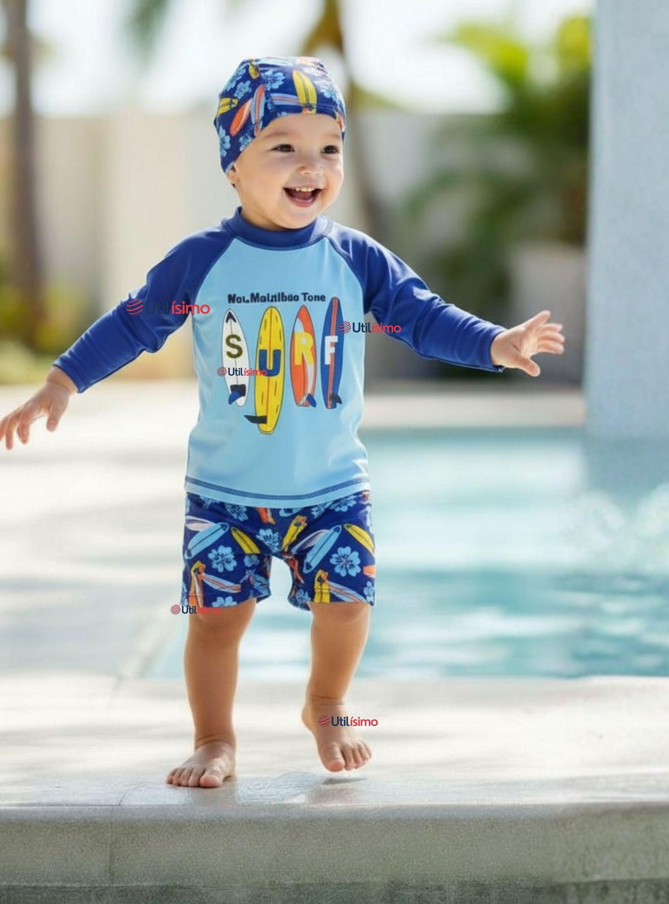 Traje De Baño Manga Larga, Pantalón Corto y Gorro De Baño Niño de 3 a 11 años Surfboard-0