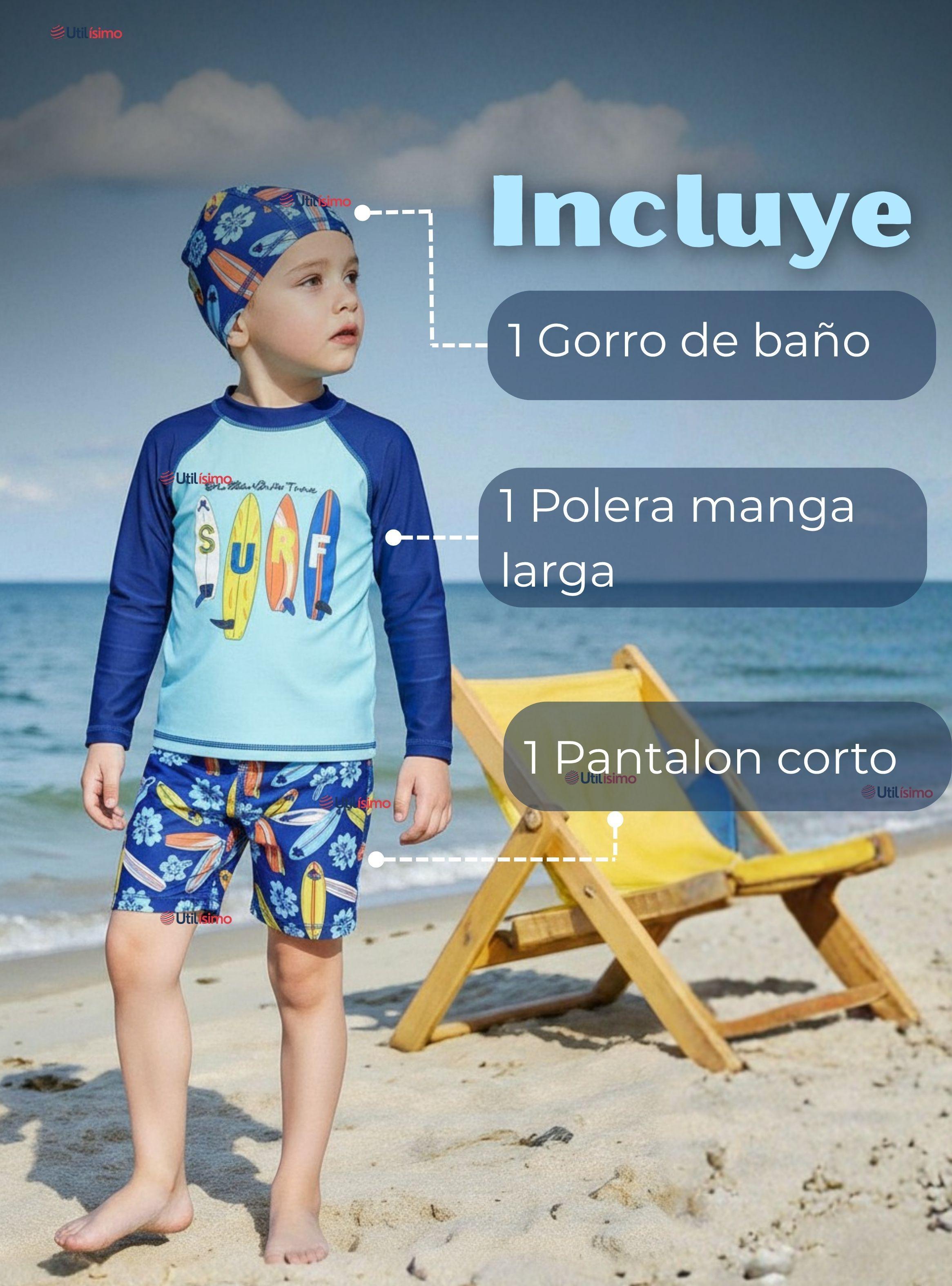 Traje De Baño Manga Larga, Pantalón Corto y Gorro De Baño Niño de 3 a 11 años Surfboard-1