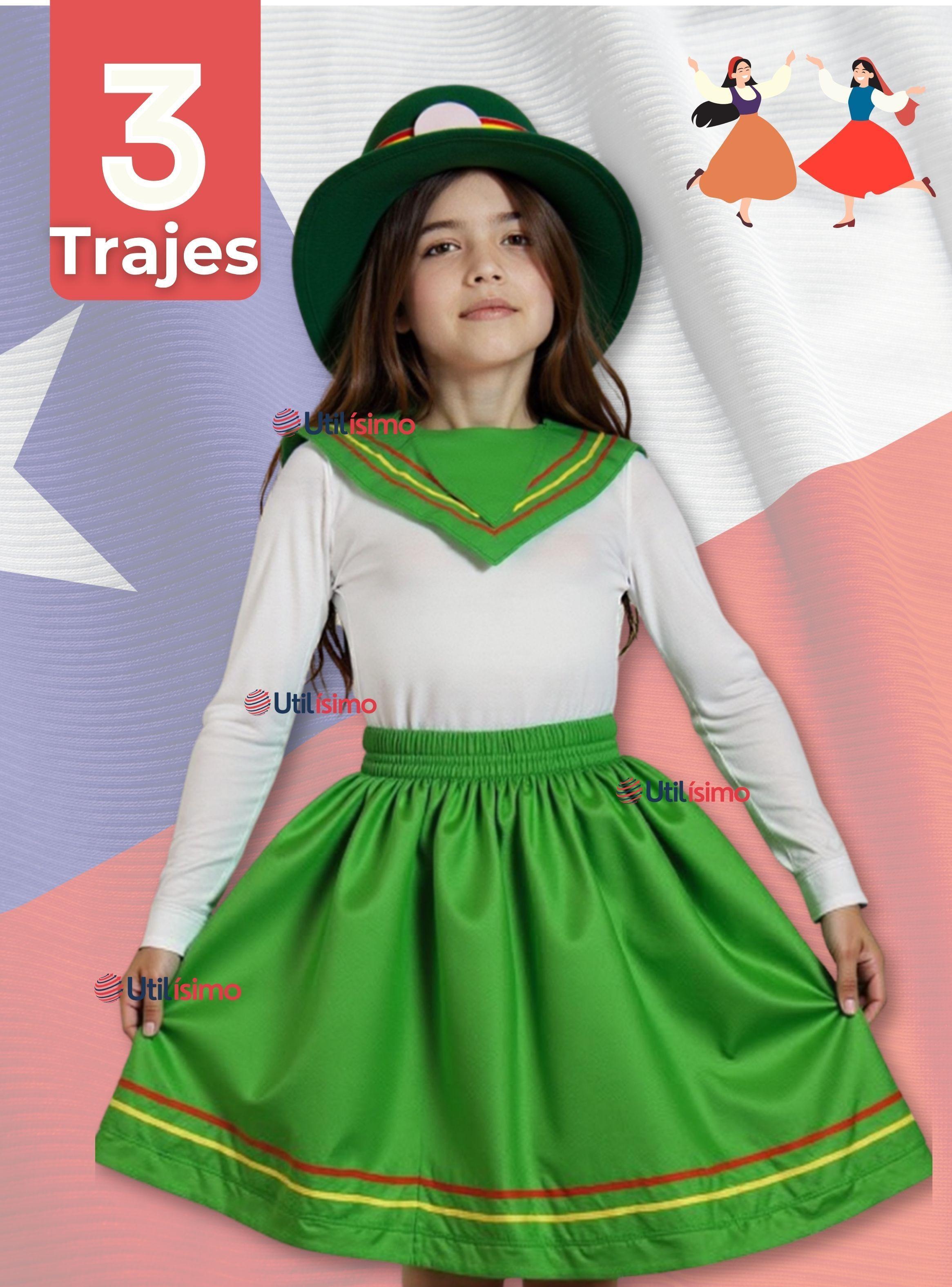 Pack 3 Traje Nortino Verde 4 Piezas Niña Fiestas Patrias Baile Nortino-0
