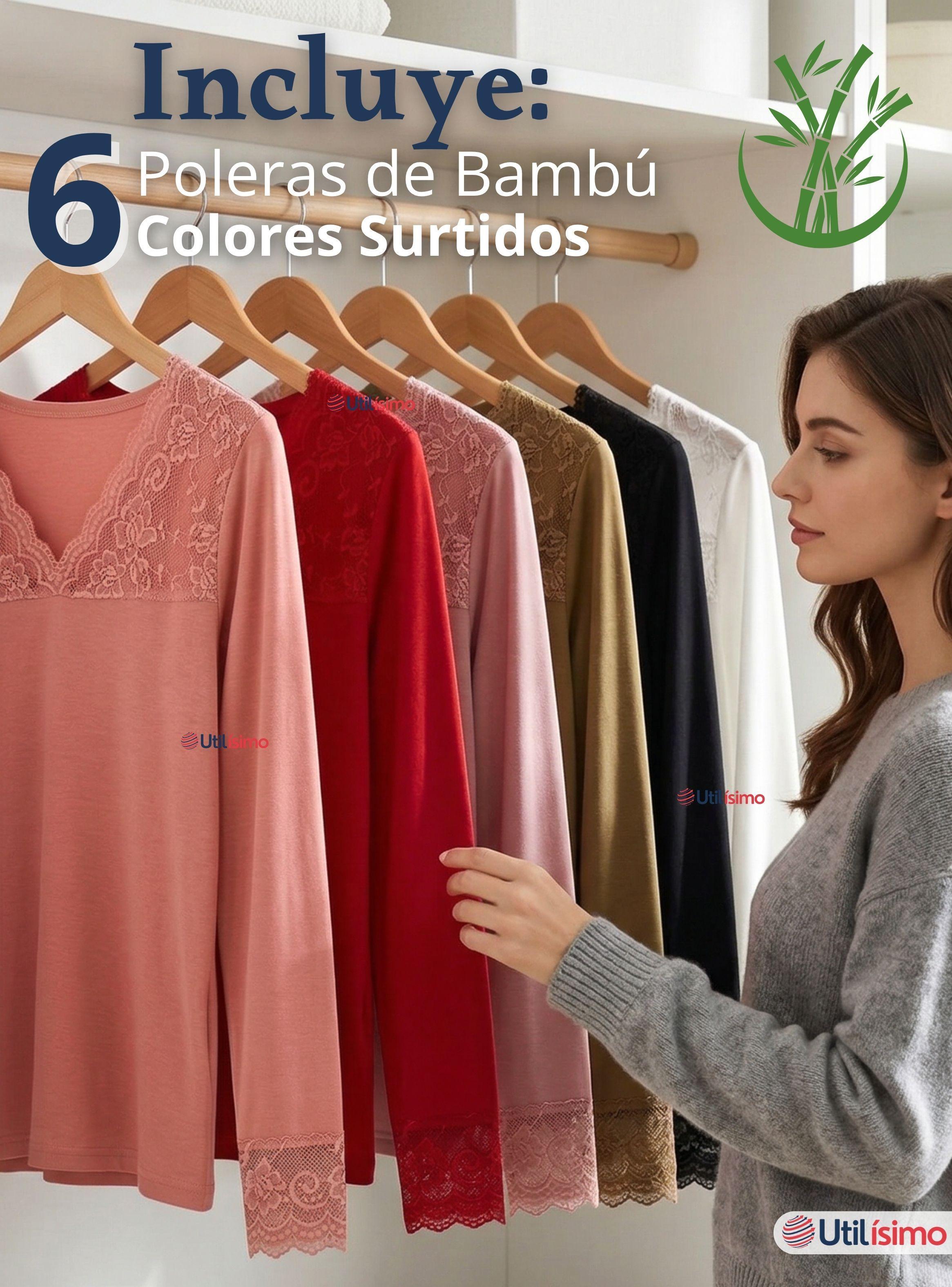 Pack 6 Camisetas Poleras Bambú Cuello V Manga Larga Con Encaje Color Surtido Mujer-2