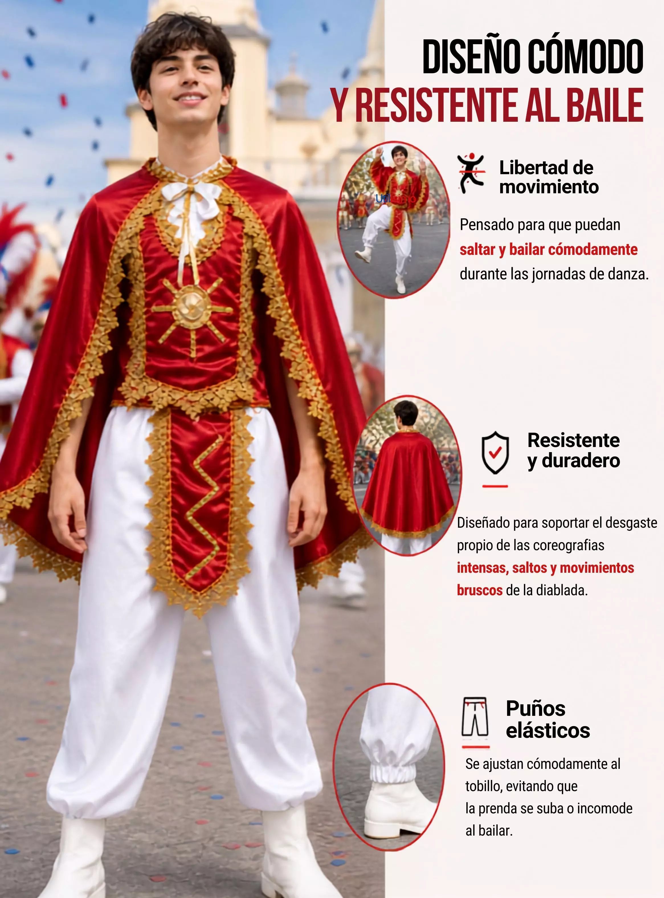 Traje Tirana Diablada Rojo Juvenil 5 Piezas hombre Baile Típico Fiestas Patrias-7