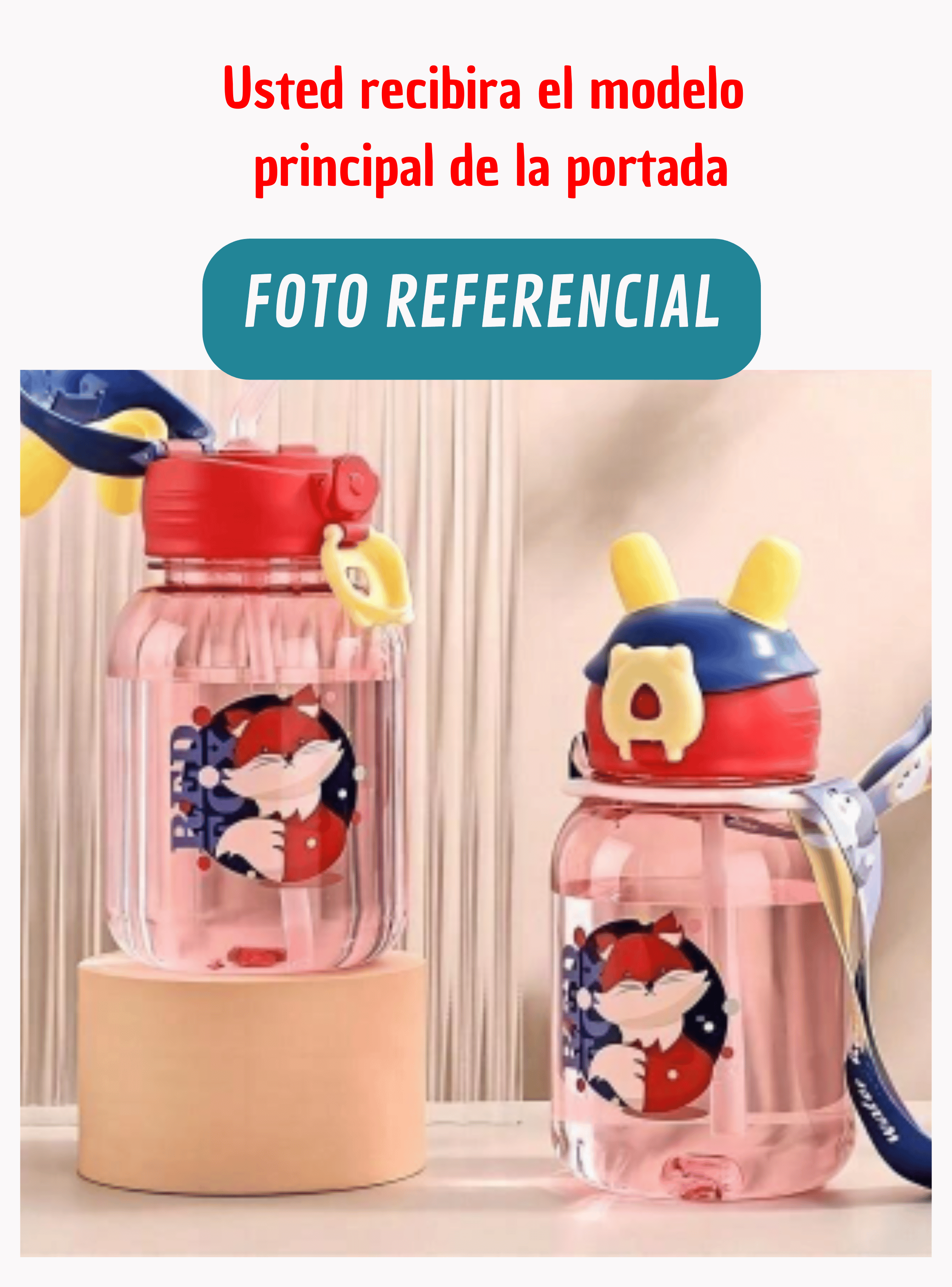 Botella Plástica 600ML Con Bombilla y Correa Kawai Sin BPA Niños Fox-2