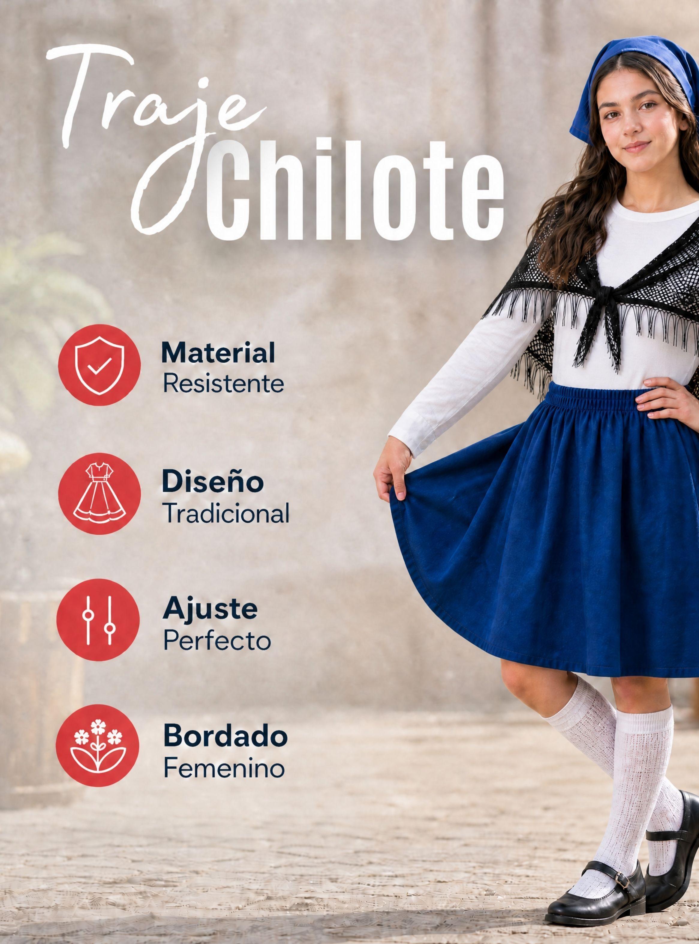 Traje Chilote Juvenil 4 Piezas Azul Con Polera Fiestas Patrias Bailes Típicos-5