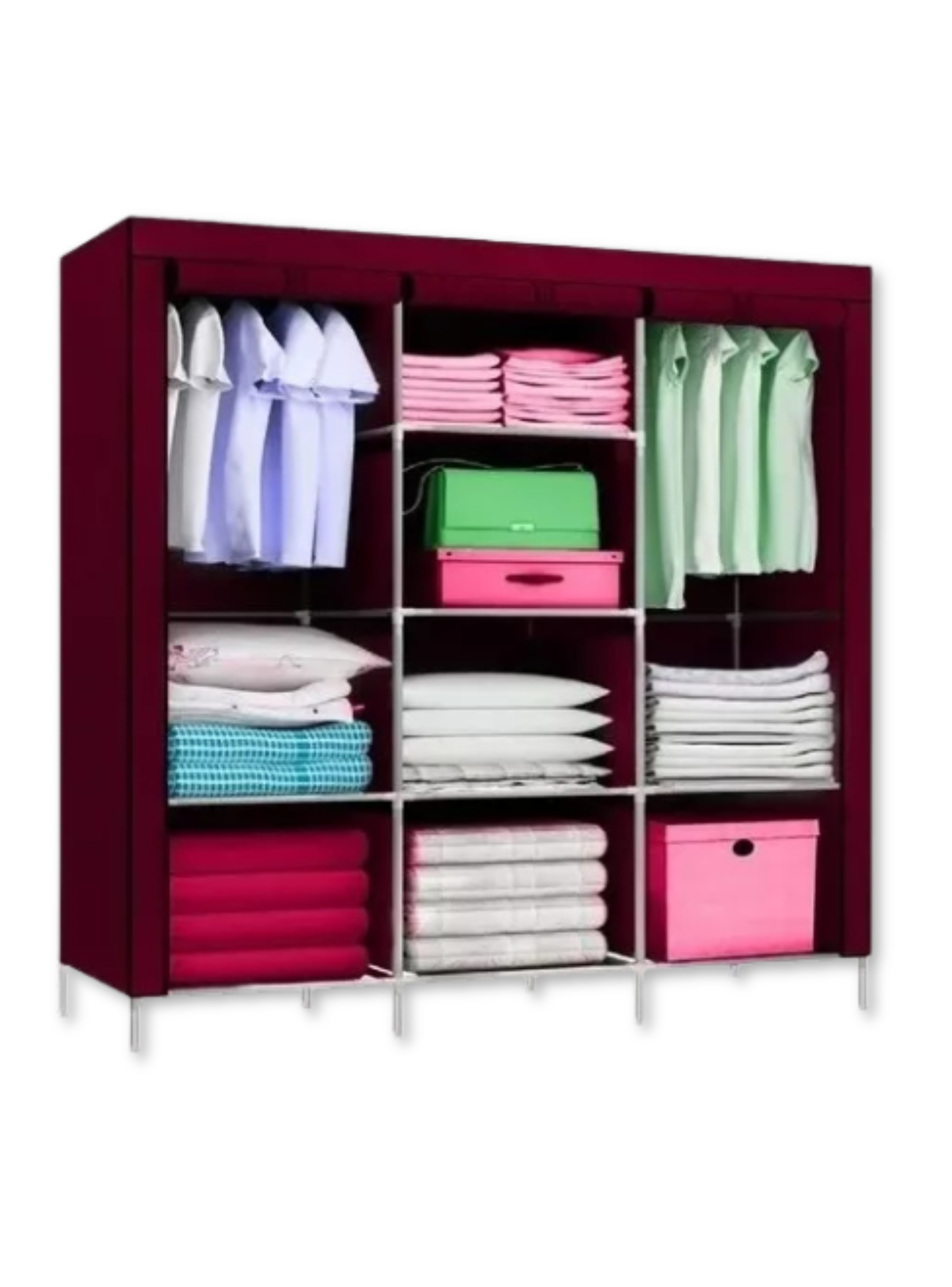 Práctico Armario Closet Ropero Portátil De Tela Color Burdeo-0