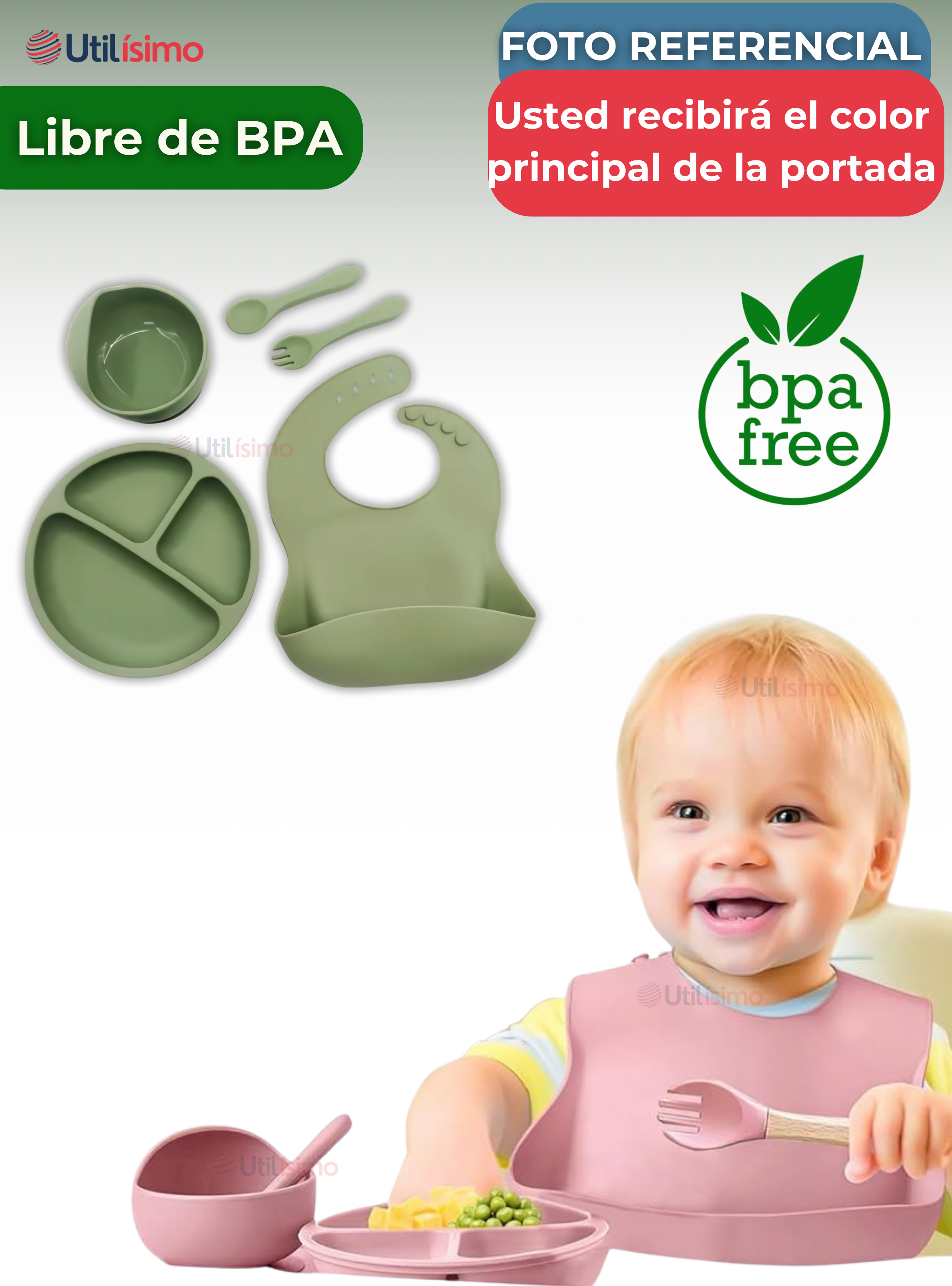 Set De Alimentación Bebé Silicona 5 Piezas Libre BPA Verde-3