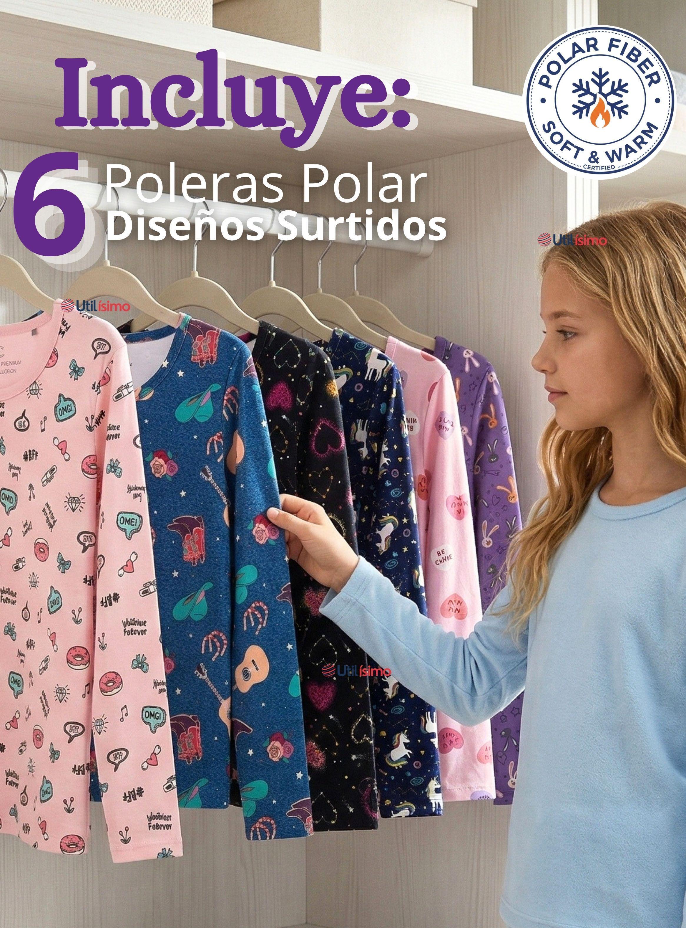 Pack 6 Camisetas Poleras Polar Primera Capa Basica Pijama Manga Larga Diseños Surtidos Niñas-2