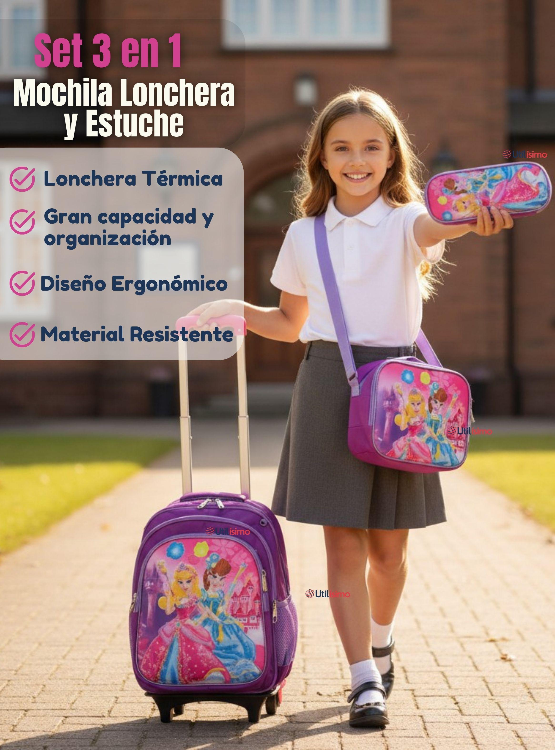 Mochila Escolar Con Ruedas + Estuche + Lonchera Poliéster Diseño de Princesas para Niñas-1