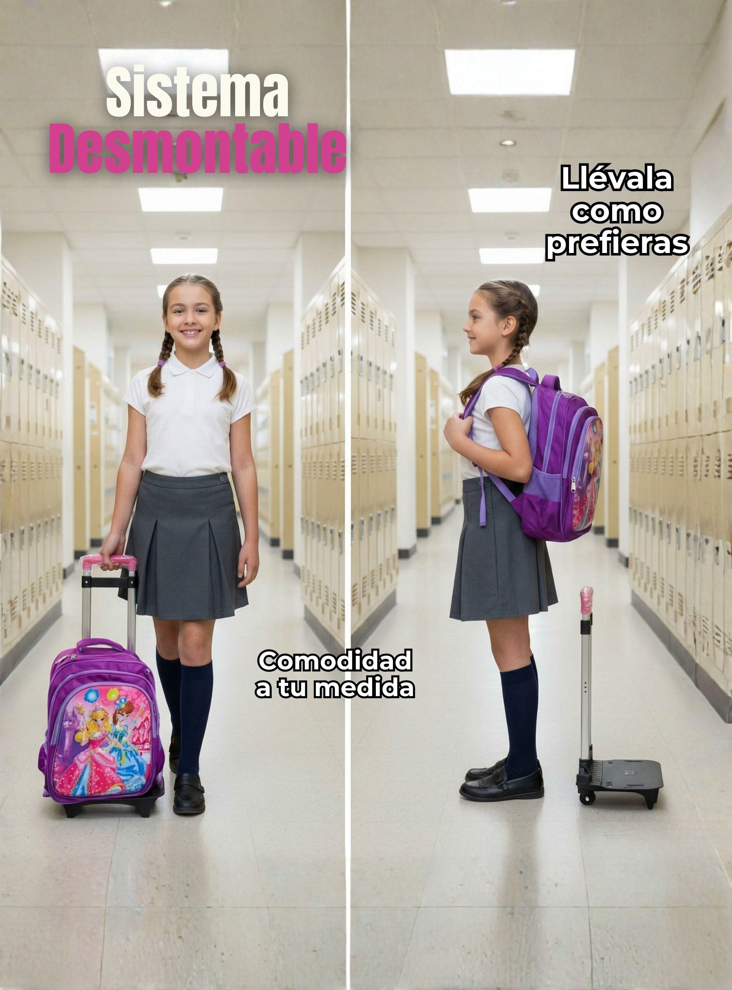 Mochila Escolar Con Ruedas + Estuche + Lonchera Poliéster Diseño de Princesas para Niñas-5