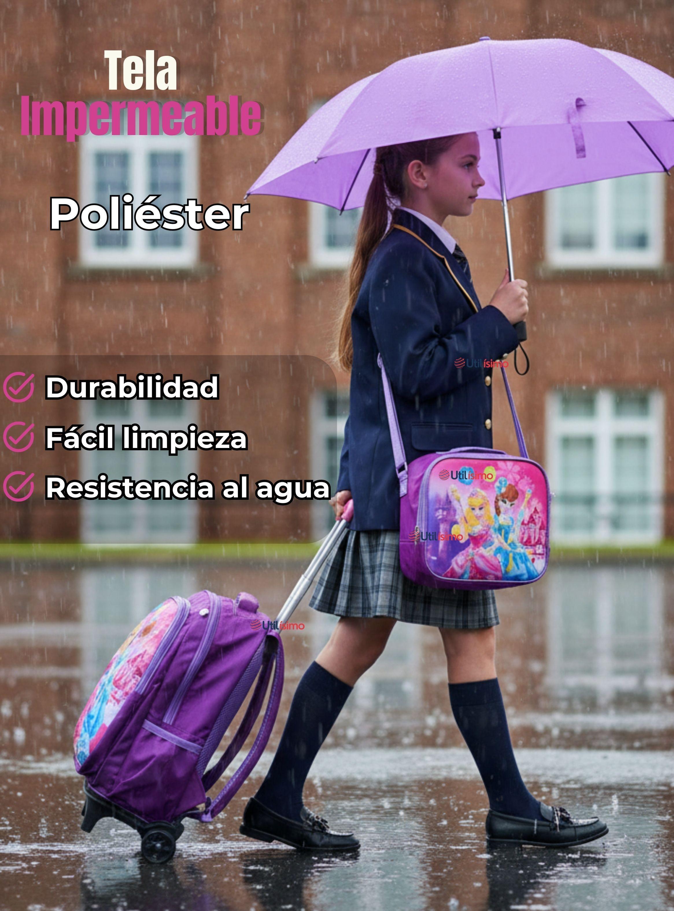 Mochila Escolar Con Ruedas + Estuche + Lonchera Poliéster Diseño de Princesas para Niñas-7