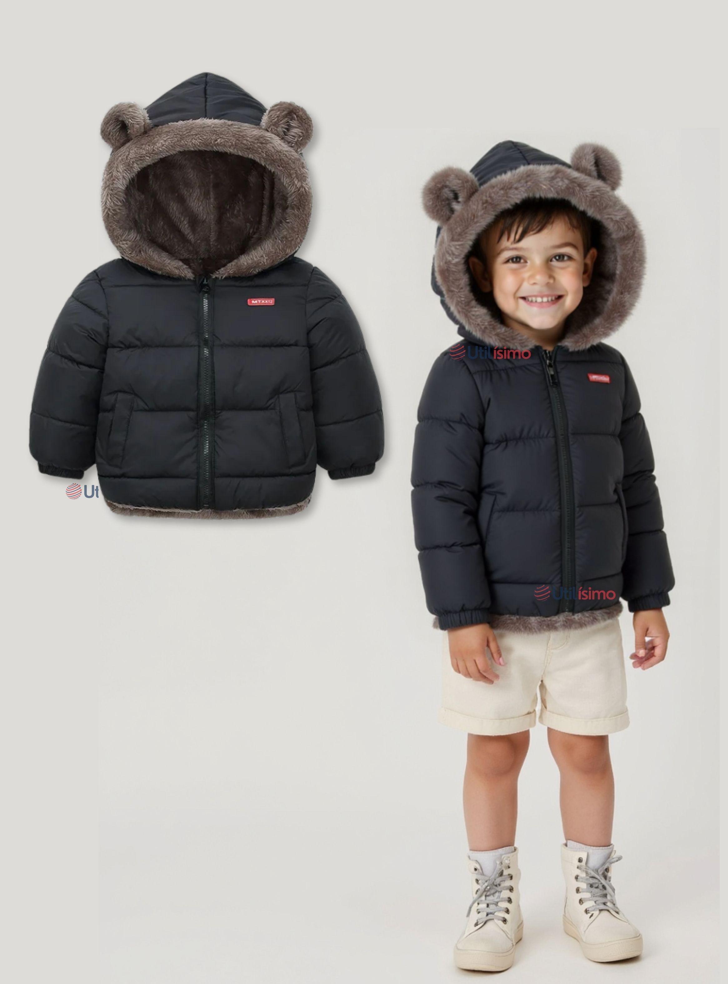 Parka Con Capucha Manga Larga Niño Orejitas Negro-0