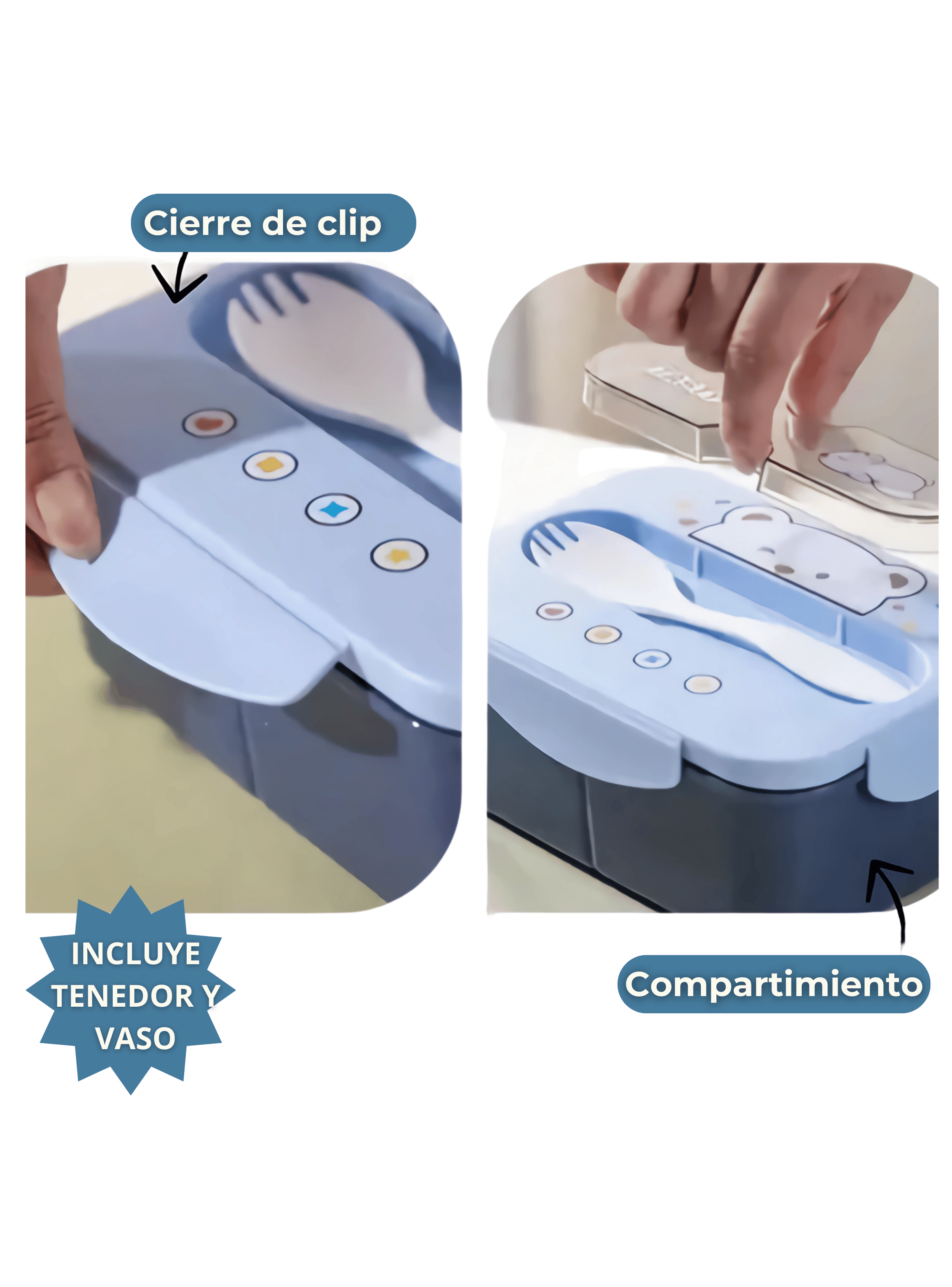 Fiambrera Contenedor Osito 1200 Ml Táper Hermético + Cubiertos y Vaso Infantil Blue-2
