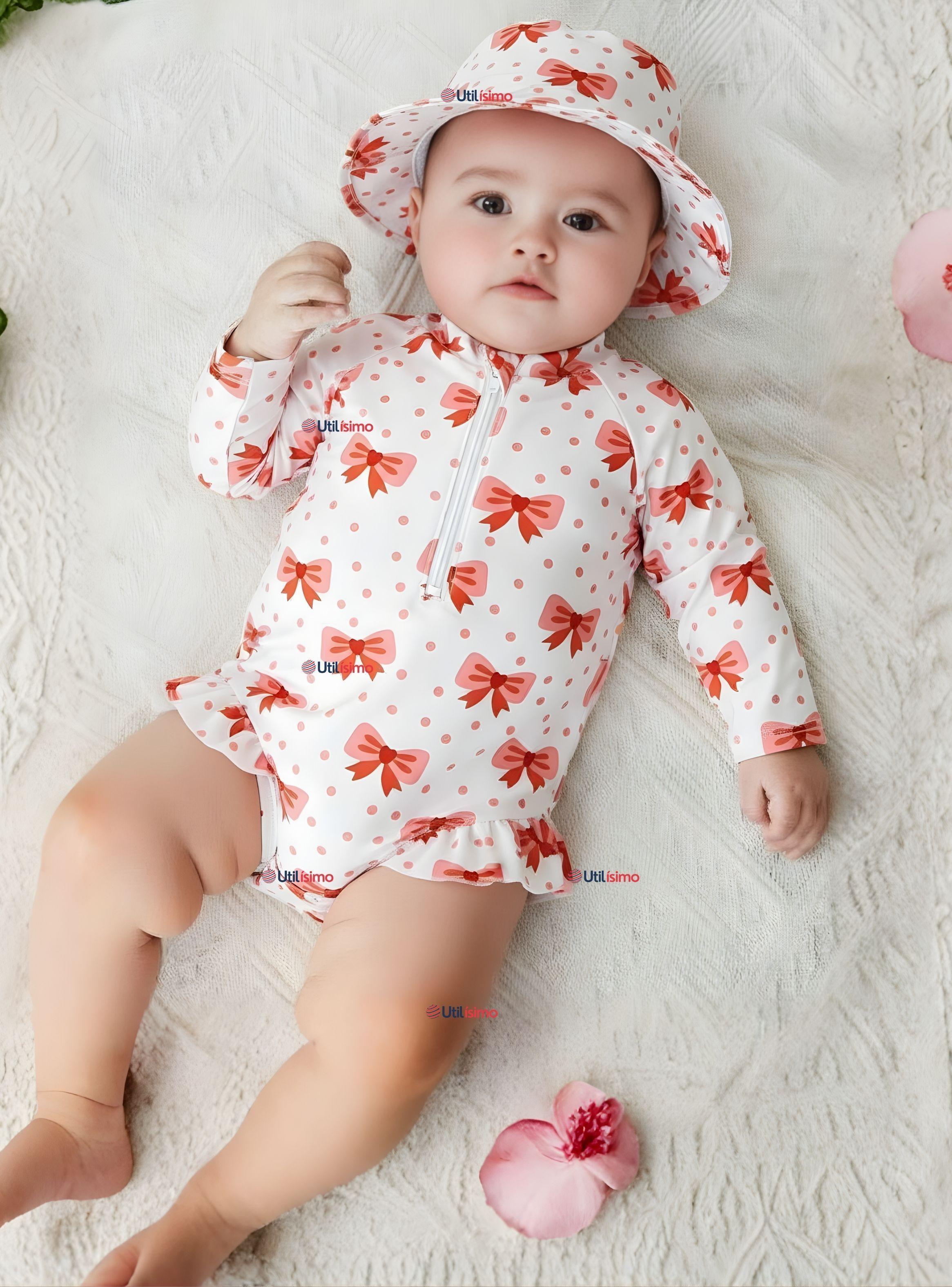 Traje de Baño Enterito Manga Larga Con Gorro 2 Piezas Niña de 9 a 36 Meses Blanco Lazo-0