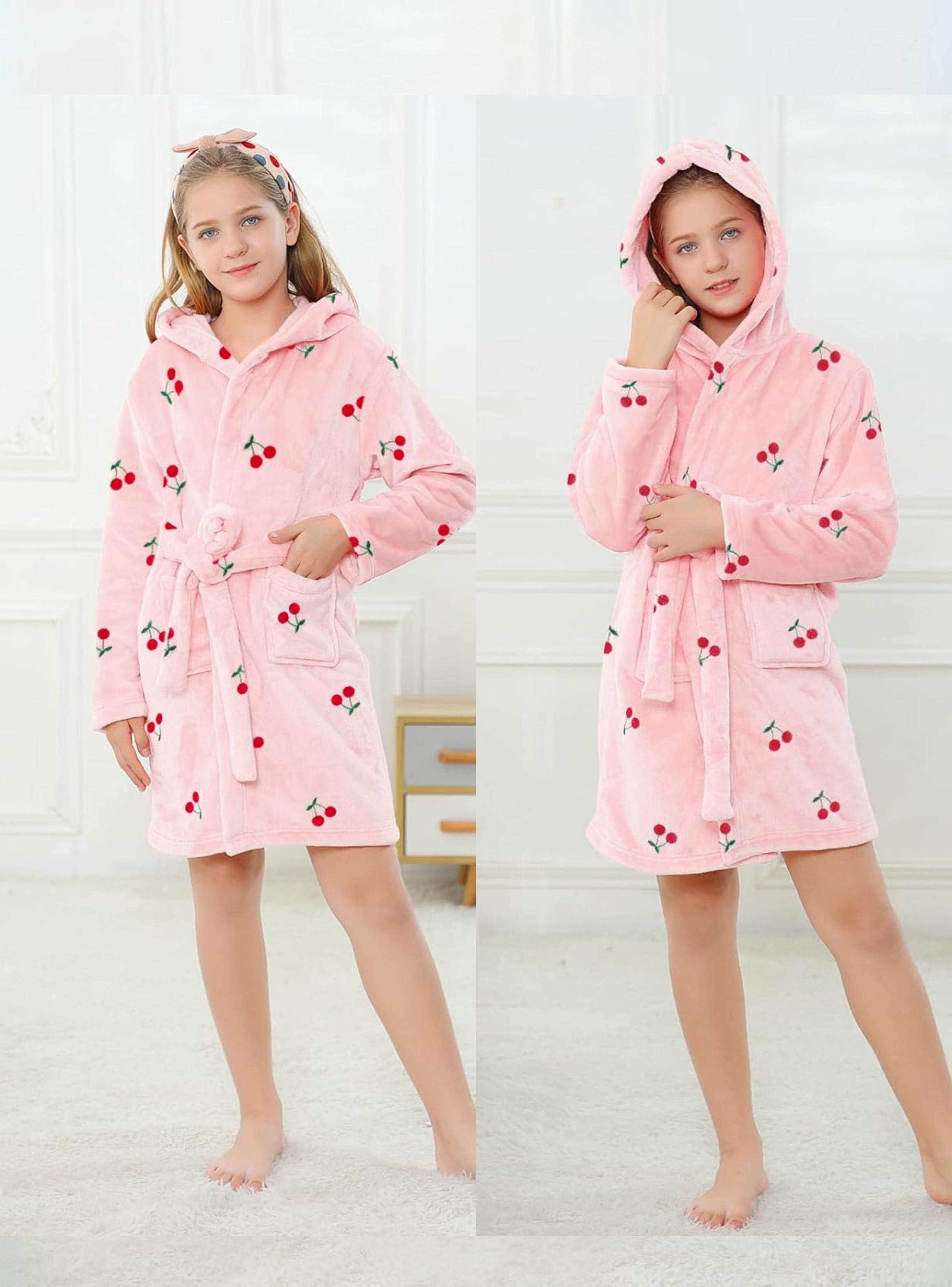 Bata de Baño Capucha y Bolsillos Niña Polar Cerezas-2