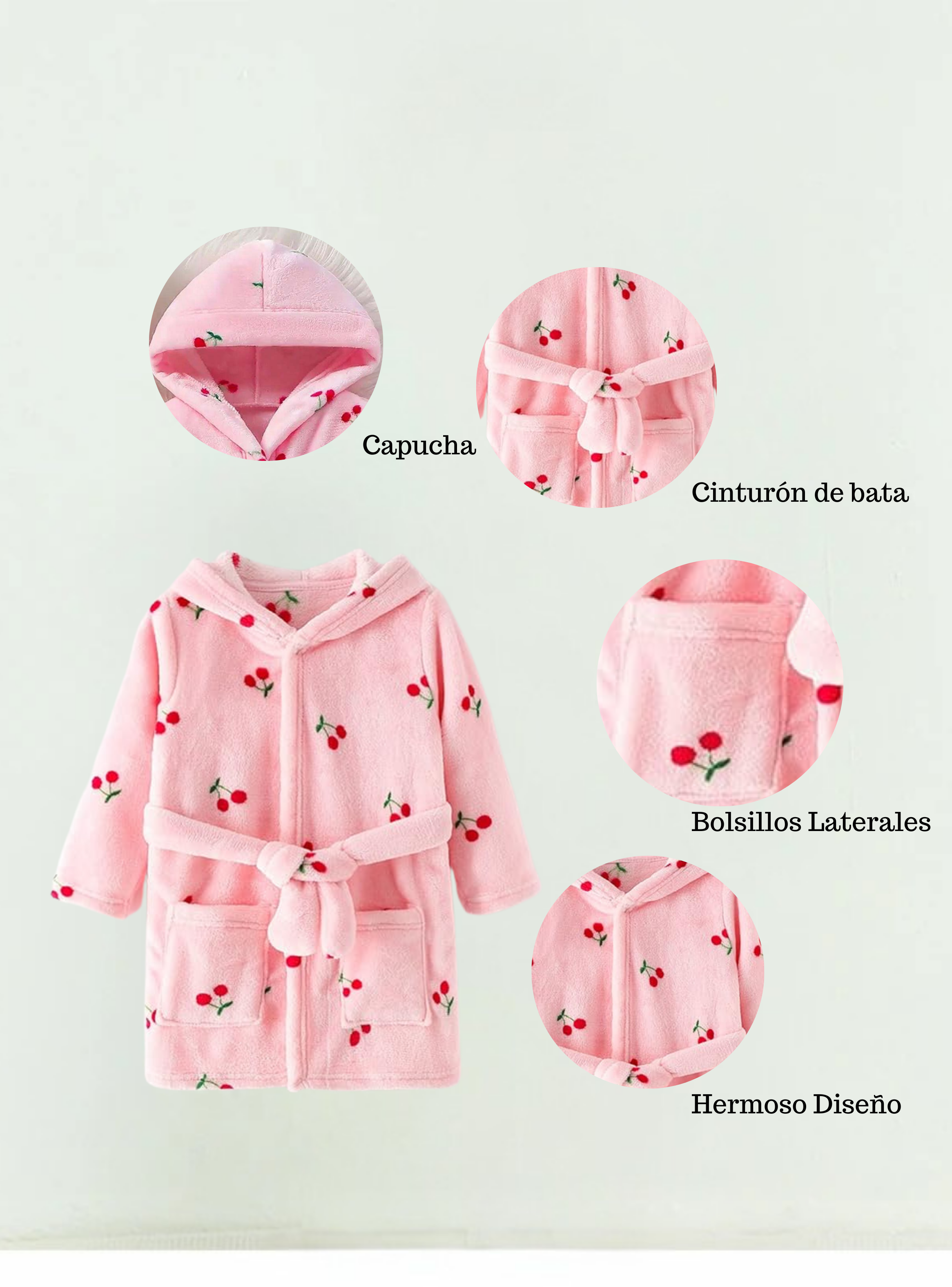 Bata de Baño Capucha y Bolsillos Niña Polar Cerezas-3