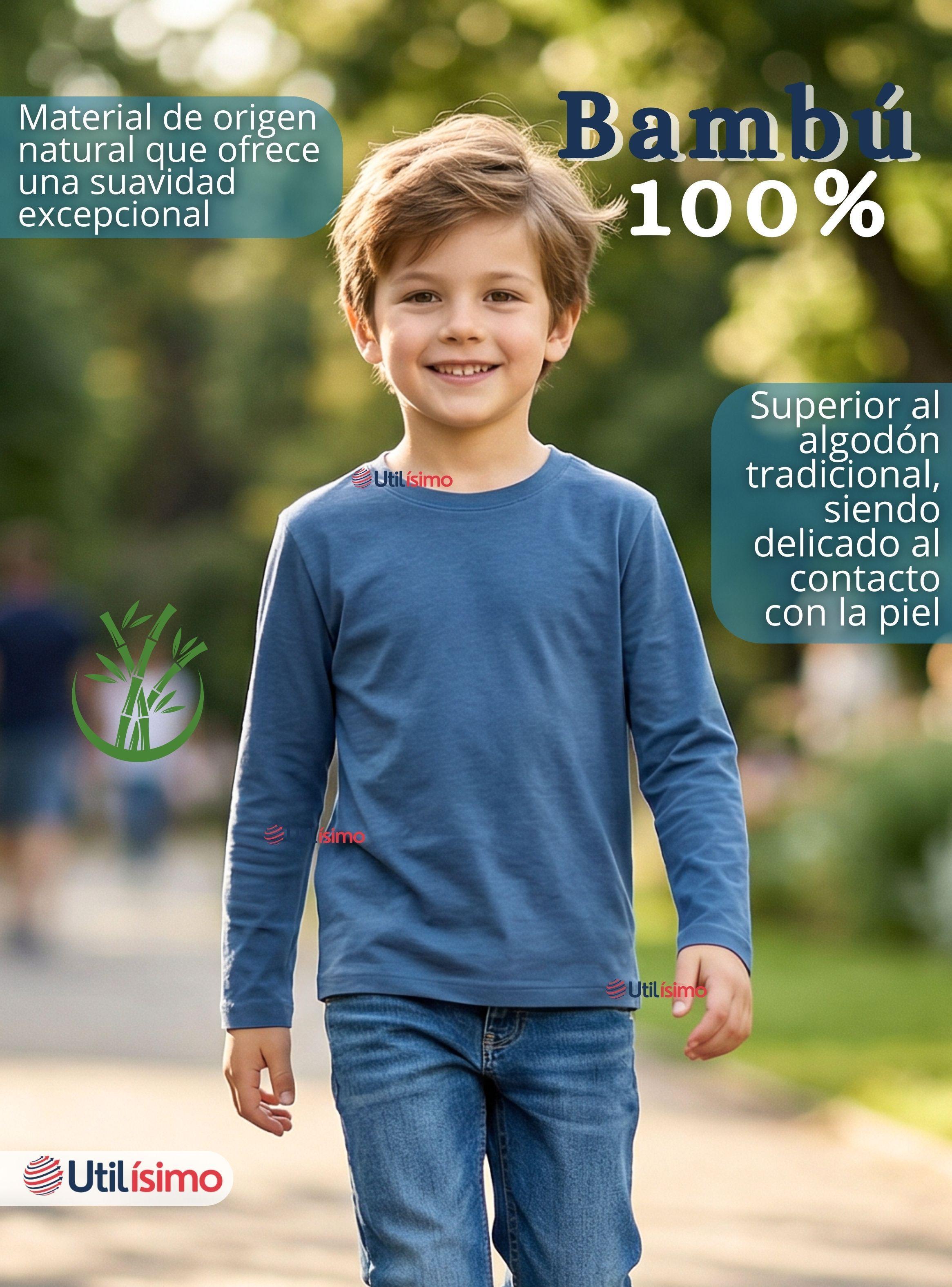 Pack 3 Poleras Camisetas Bambú Azul Claro Cuello Redondo Primera Capa Mangas Largas Niños-3