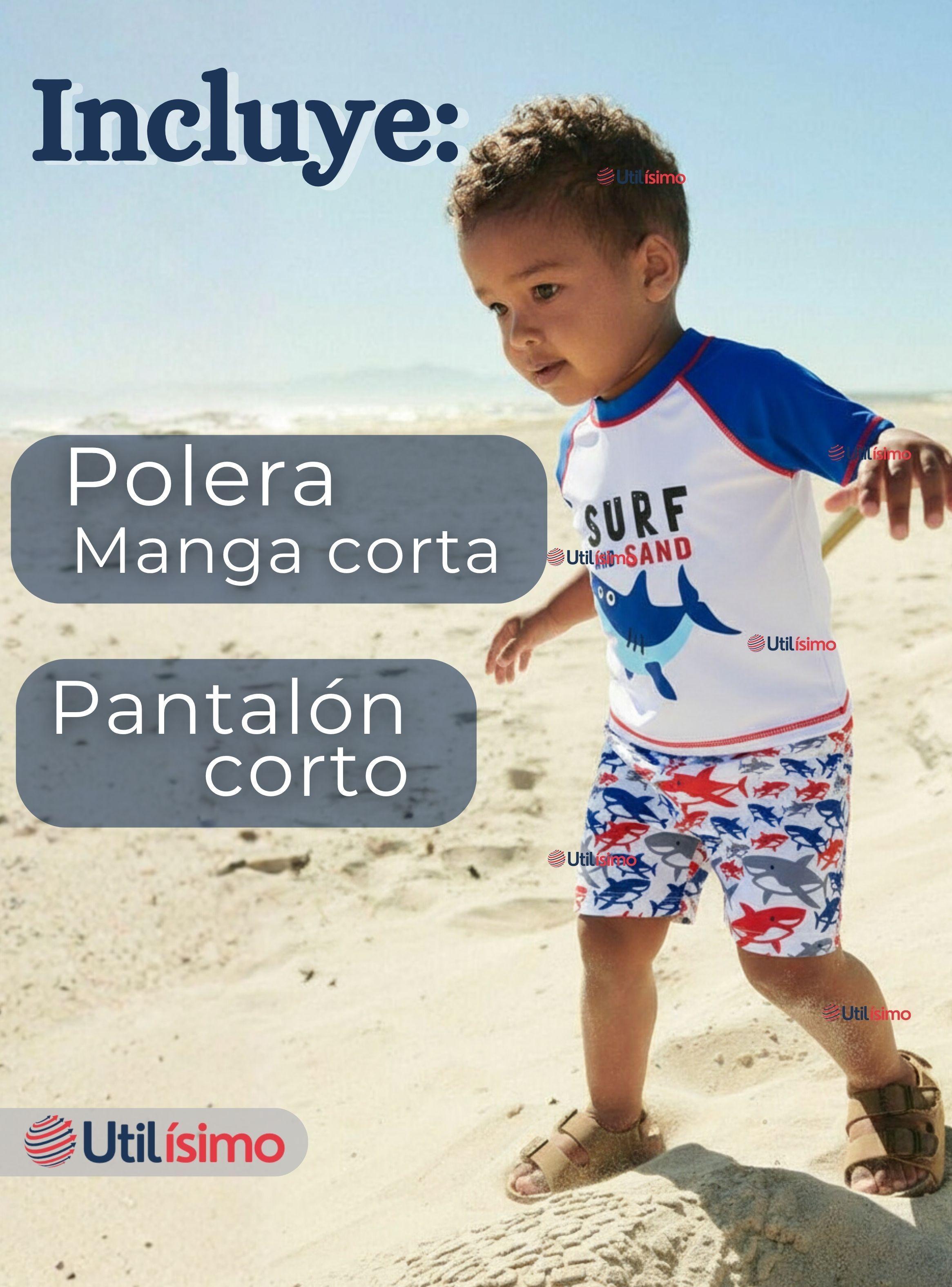Traje de Baño Manga Corta Pantalón Corto 2 Piezas Corte Split Niño 2 a 4 años Blue Azul-1