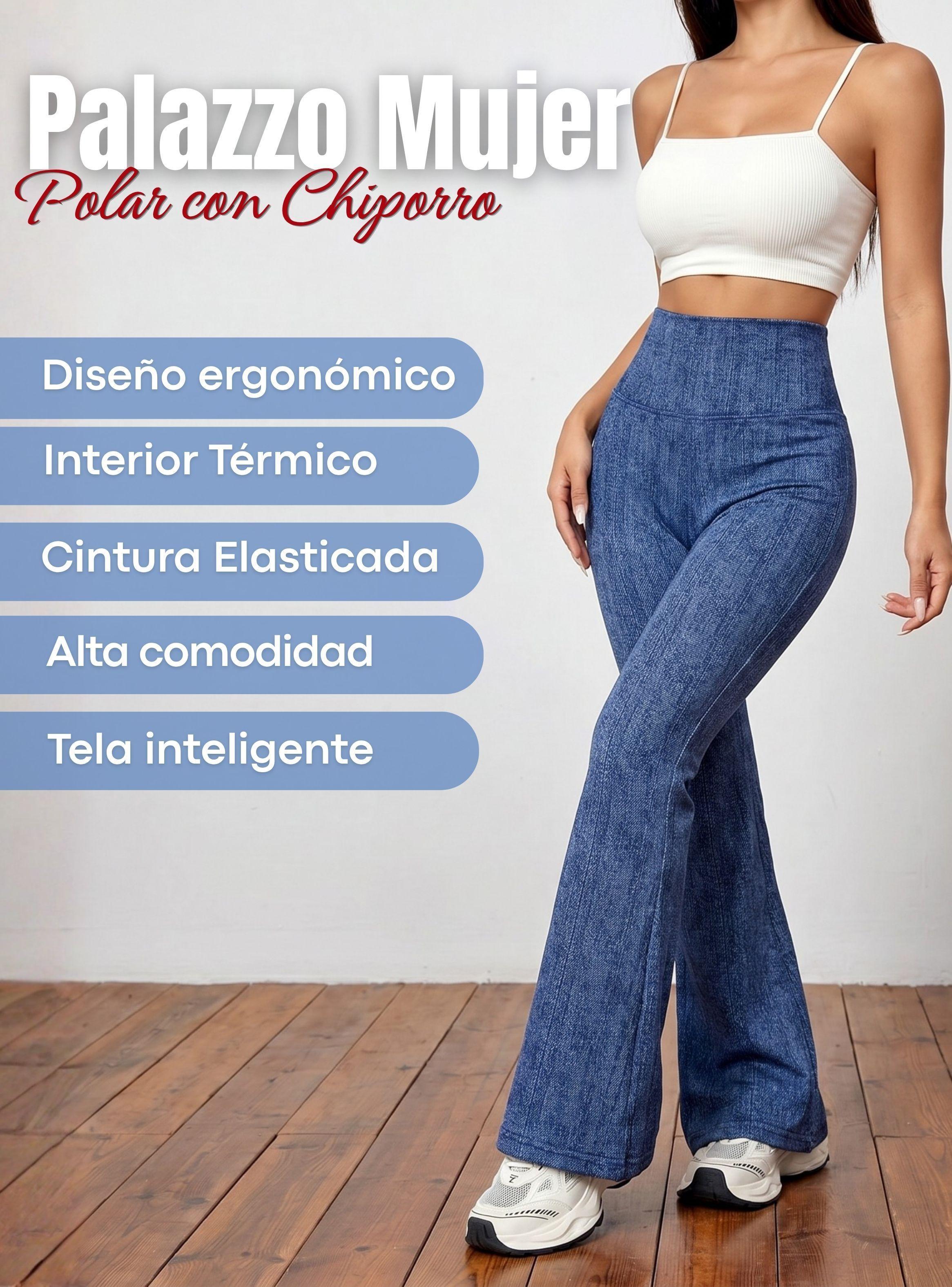 Pantalón Polar Con Chiporro Palazzo Elasticada Térmica Azul Jeans de Mujer-4