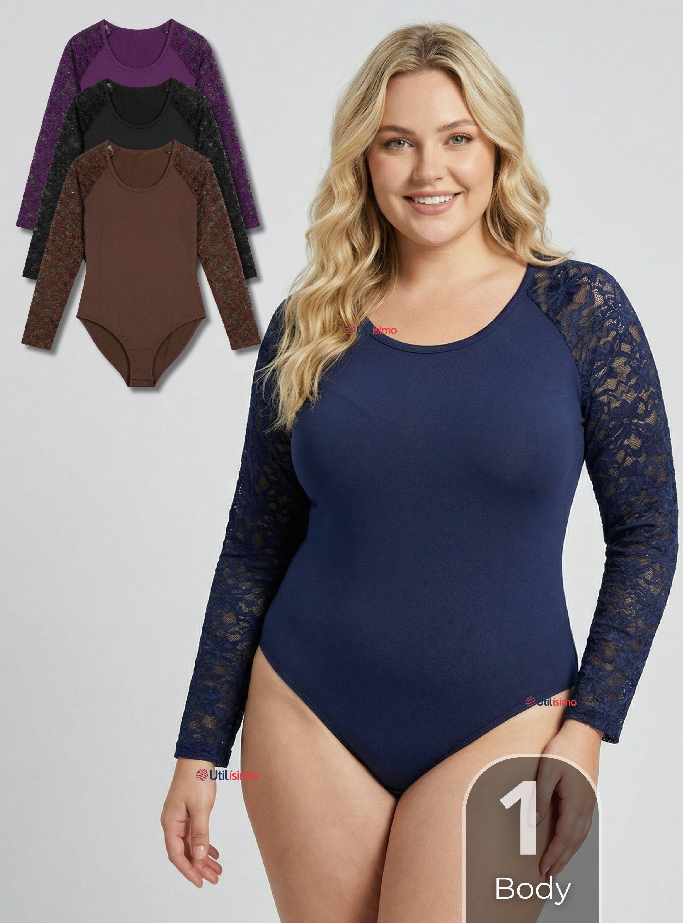 Body Cuello Redondo Manga Larga Con Encaje Bambú Mujer de Colores Surtidos-0