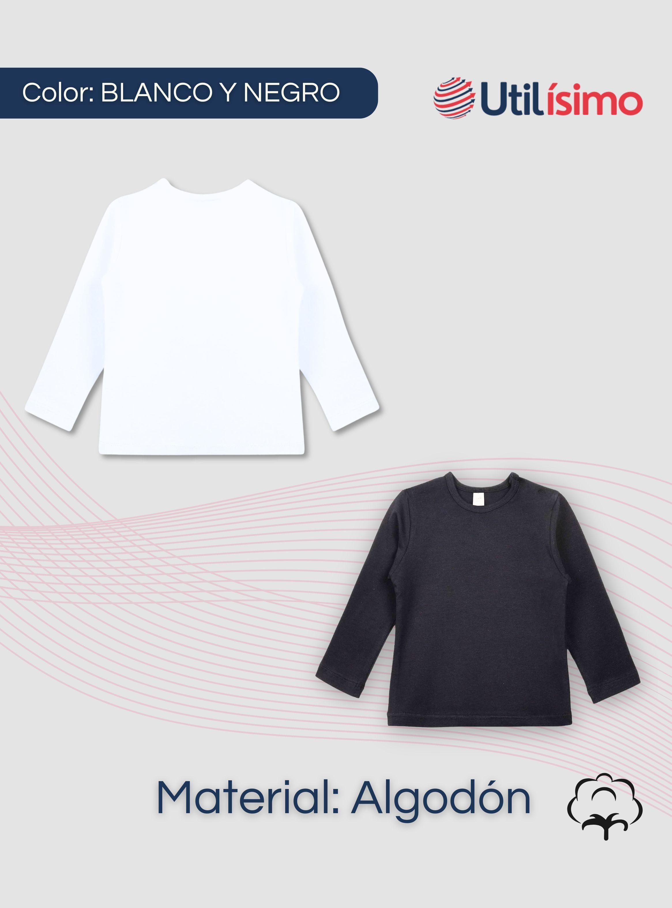 Camiseta Algodón Manga Larga Primera Capa Niña Polera Blanco y Negro-1