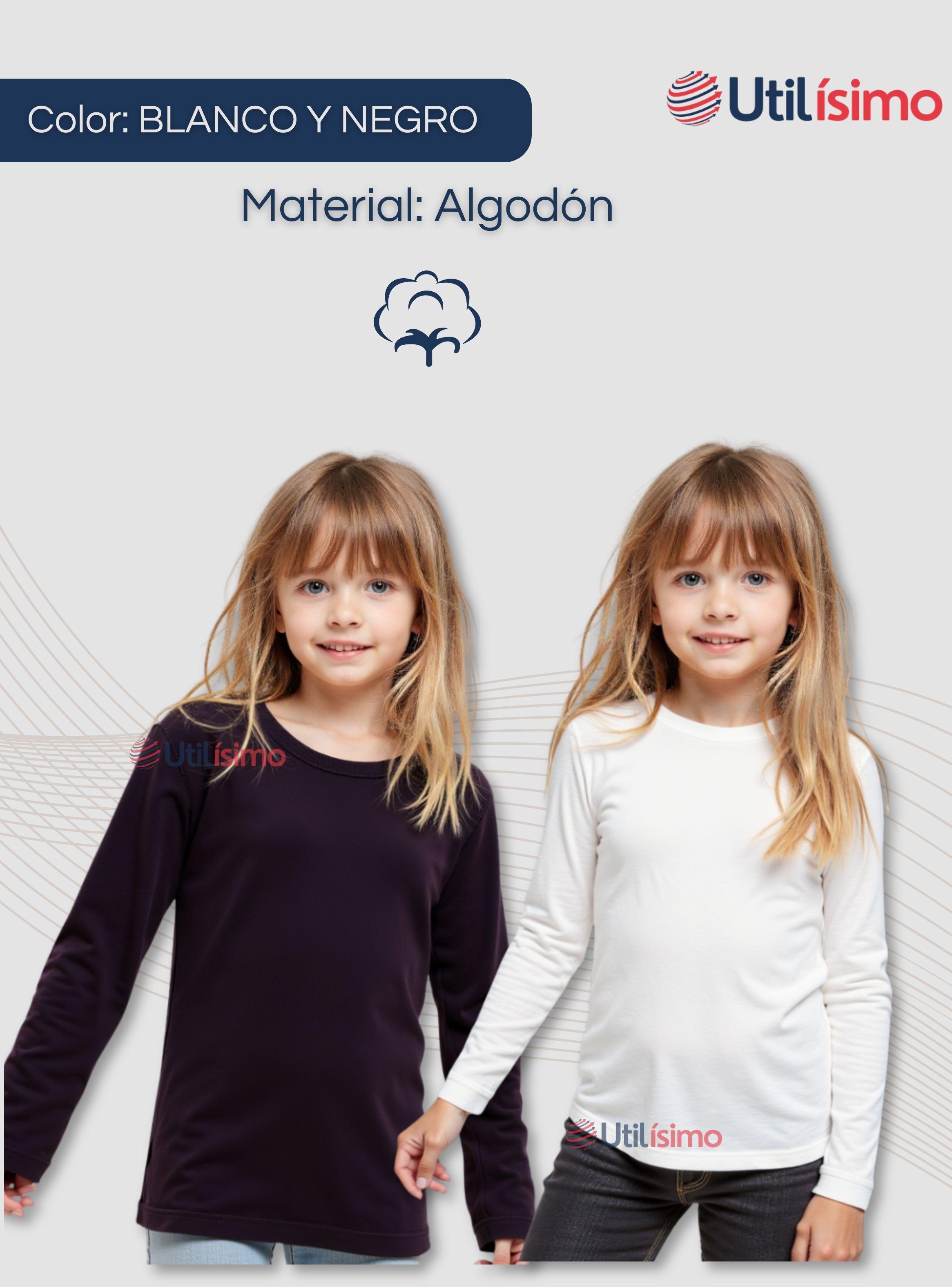 Camiseta Algodón Manga Larga Primera Capa Niña Polera Blanco y Negro-3