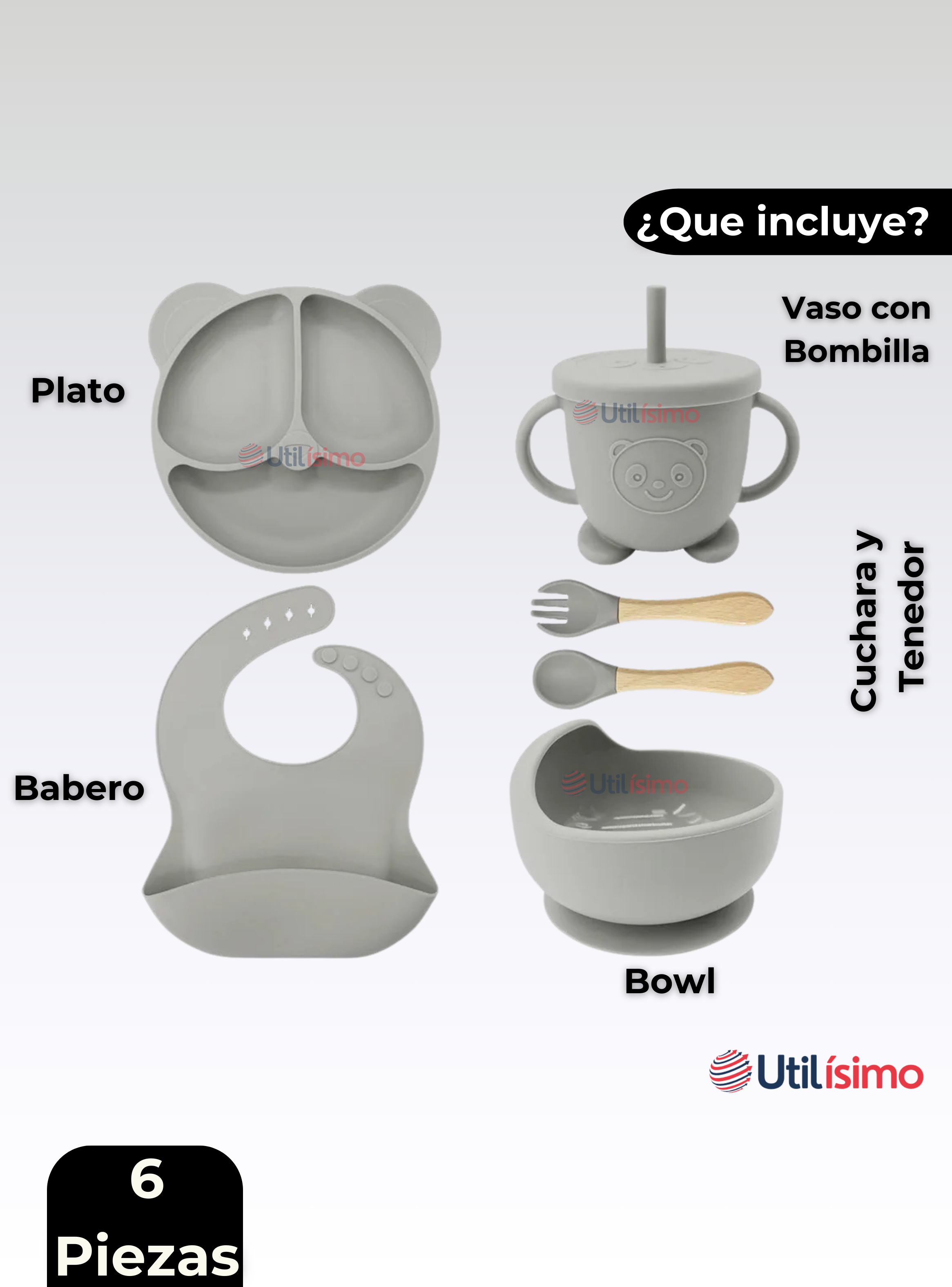 Set De Alimentación Bebé Silicona De Oso 6 Piezas Libre BPA Gris-5