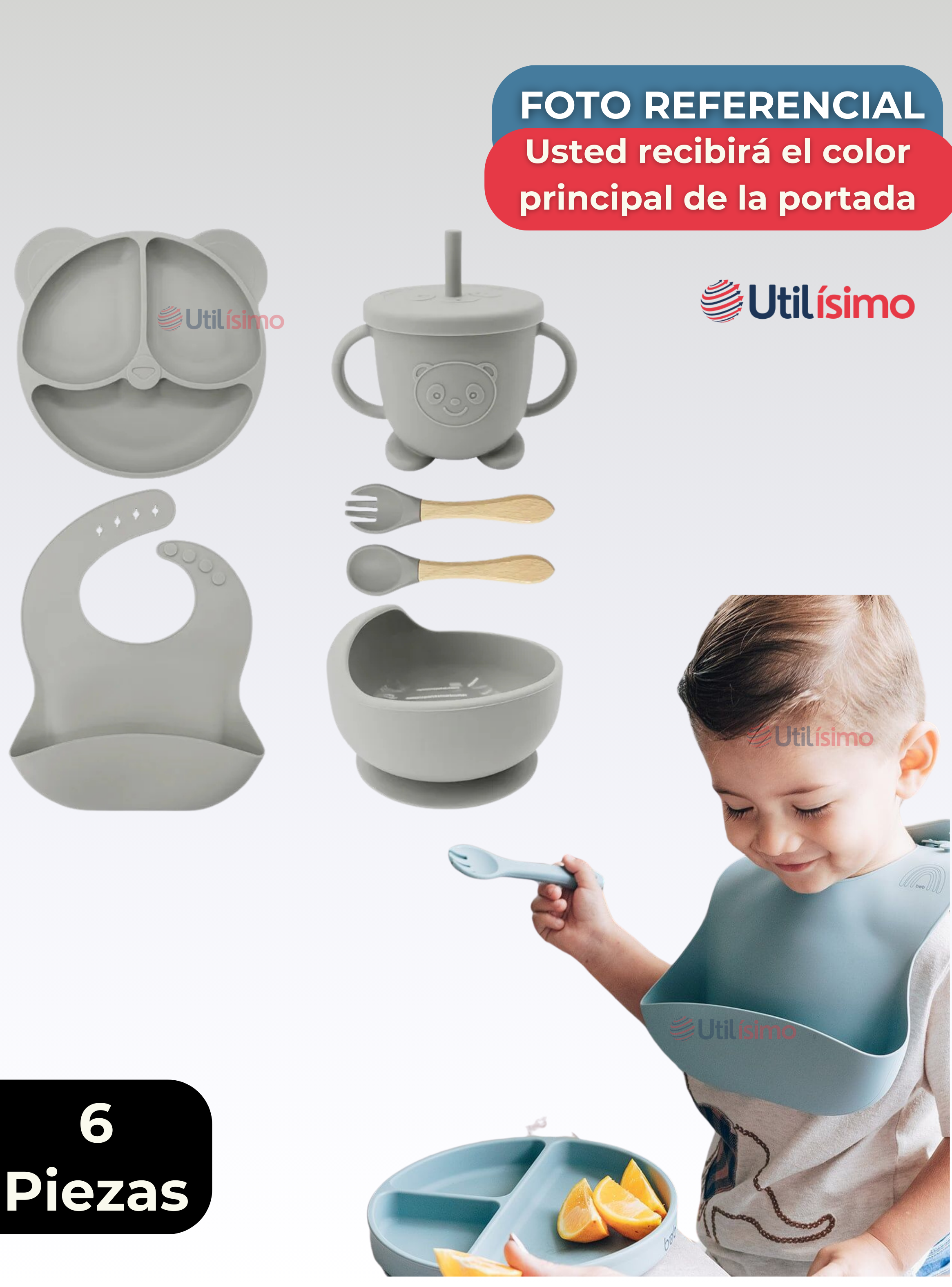 Set De Alimentación Bebé Silicona De Oso 6 Piezas Libre BPA Gris-6