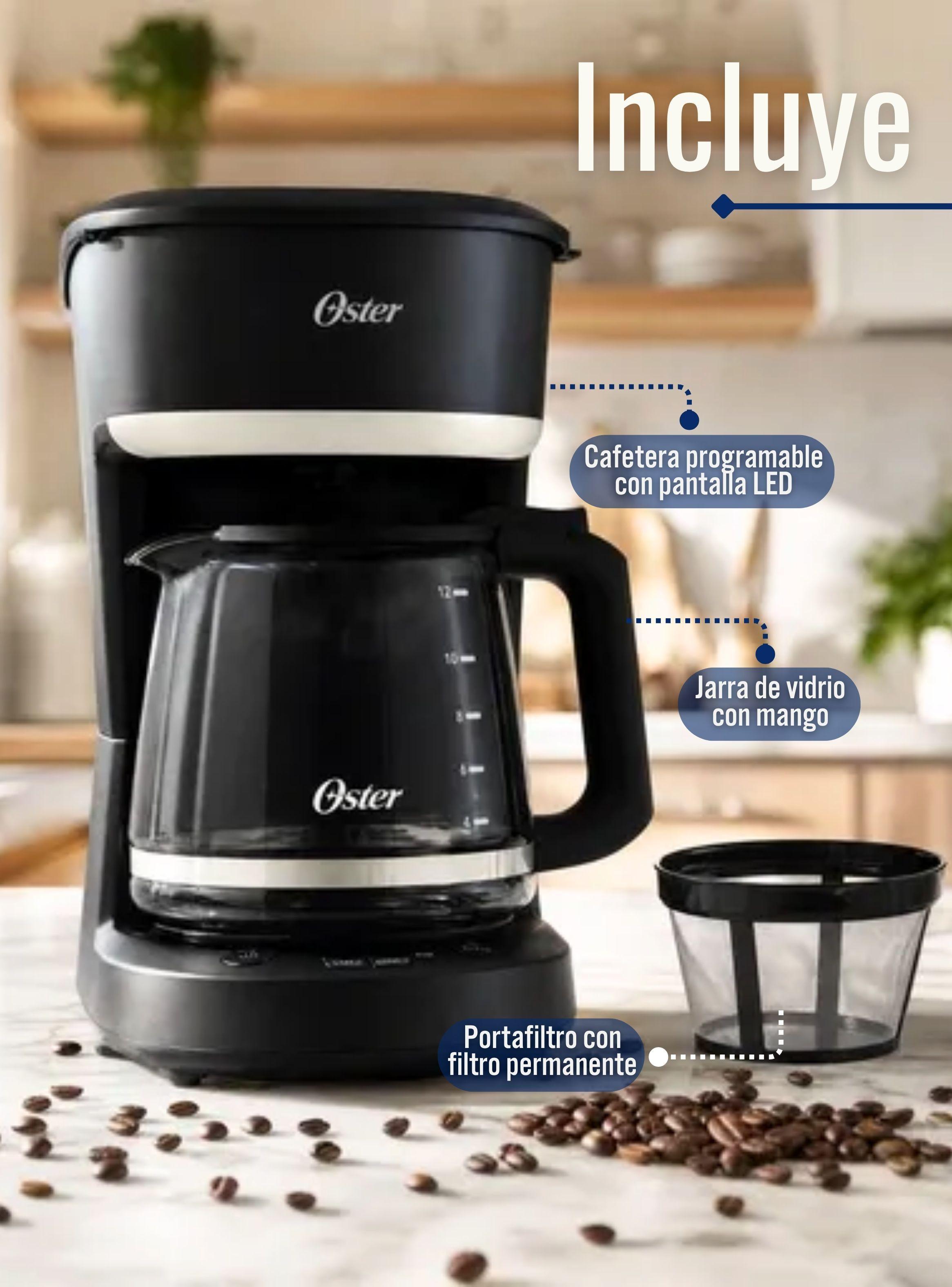 Cafetera de goteo Oster® de 12 tazas, programable, con filtro reutilizable, Negro, BVSTDCP121B-2