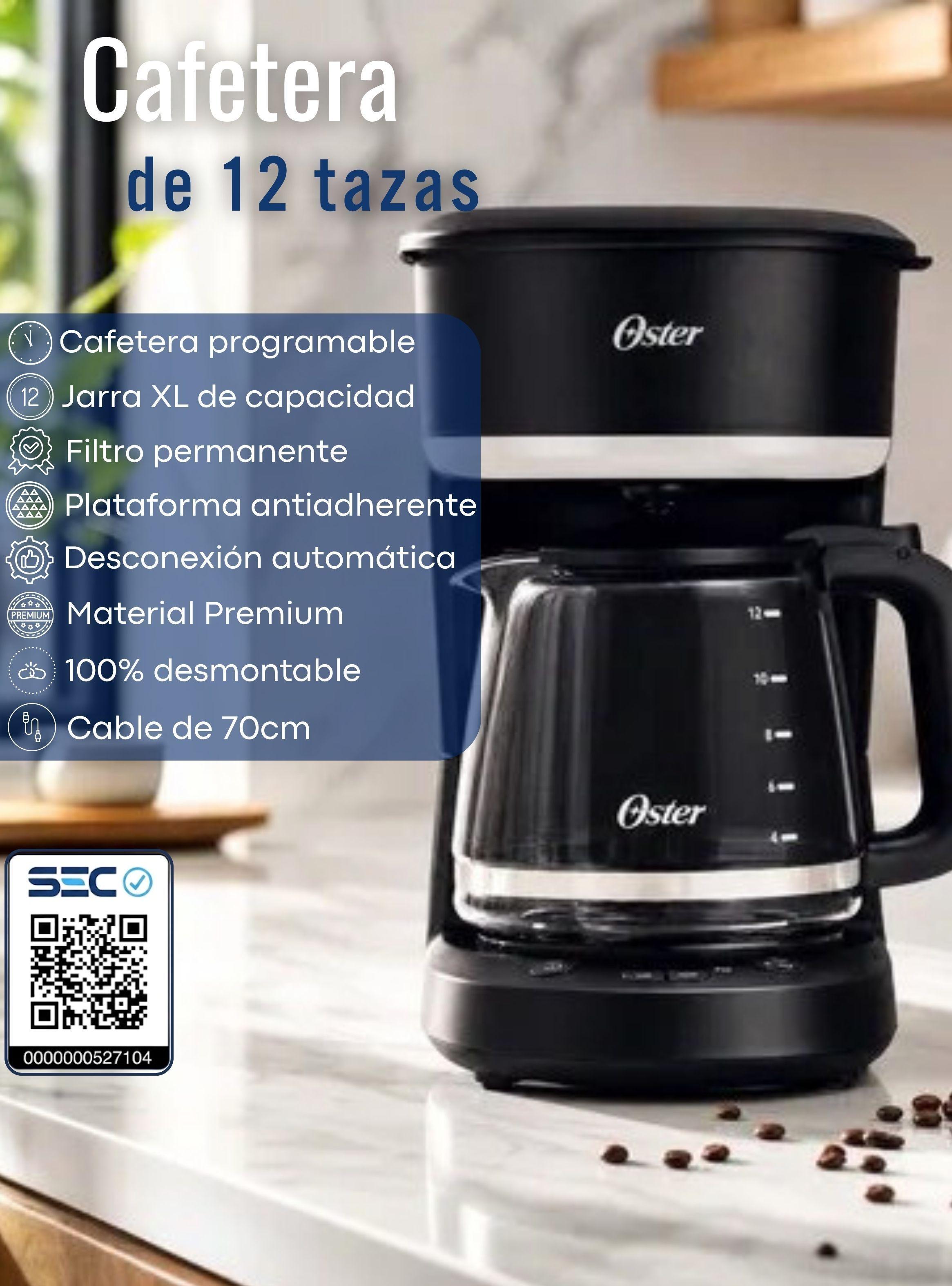 Cafetera de goteo Oster® de 12 tazas, programable, con filtro reutilizable, Negro, BVSTDCP121B-3