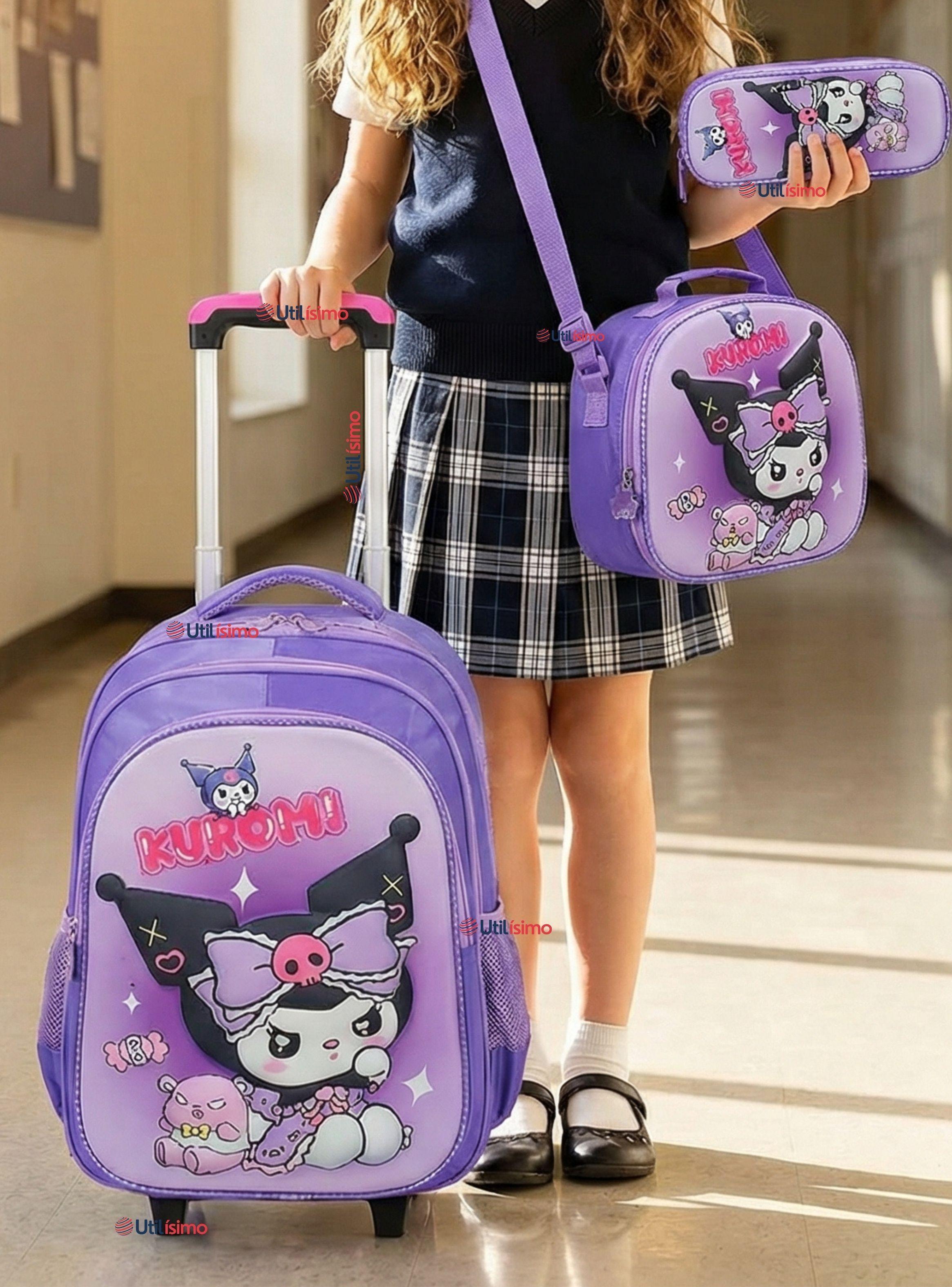 Mochila Escolar Kuromi 3D Con Ruedas Desmontable + Estuche + Lonchera Poliéster Color Lila Niña-0