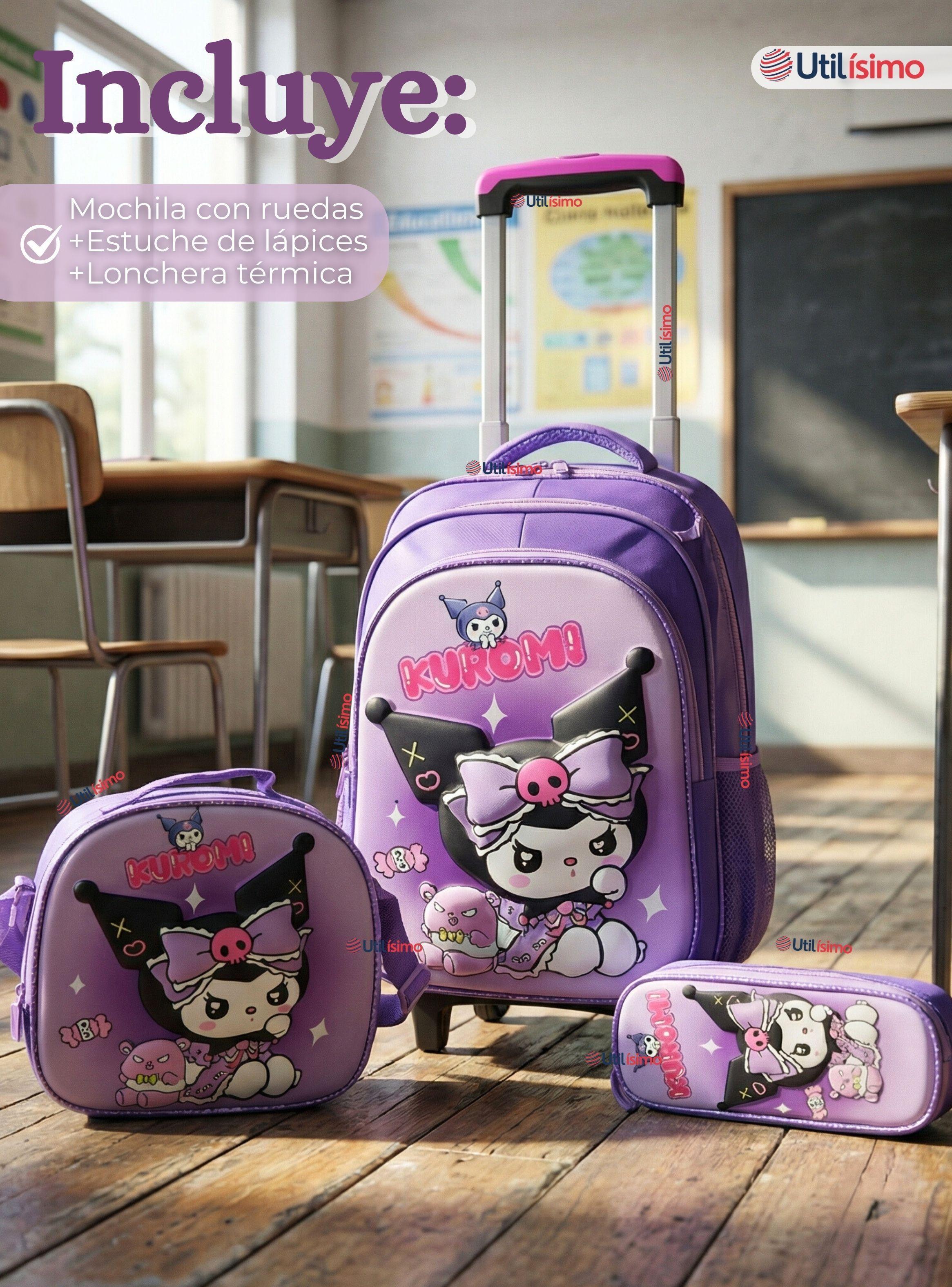 Mochila Escolar Kuromi 3D Con Ruedas Desmontable + Estuche + Lonchera Poliéster Color Lila Niña-1