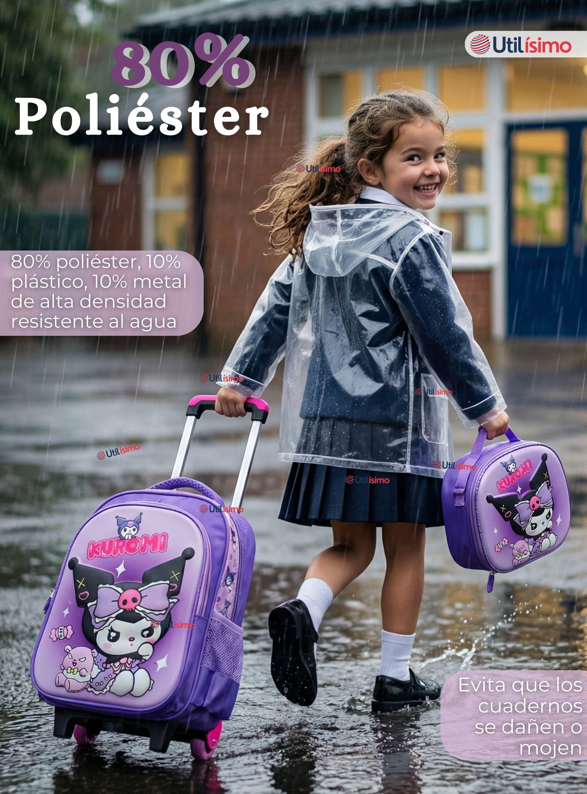 Mochila Escolar Kuromi 3D Con Ruedas Desmontable + Estuche + Lonchera Poliéster Color Lila Niña-6