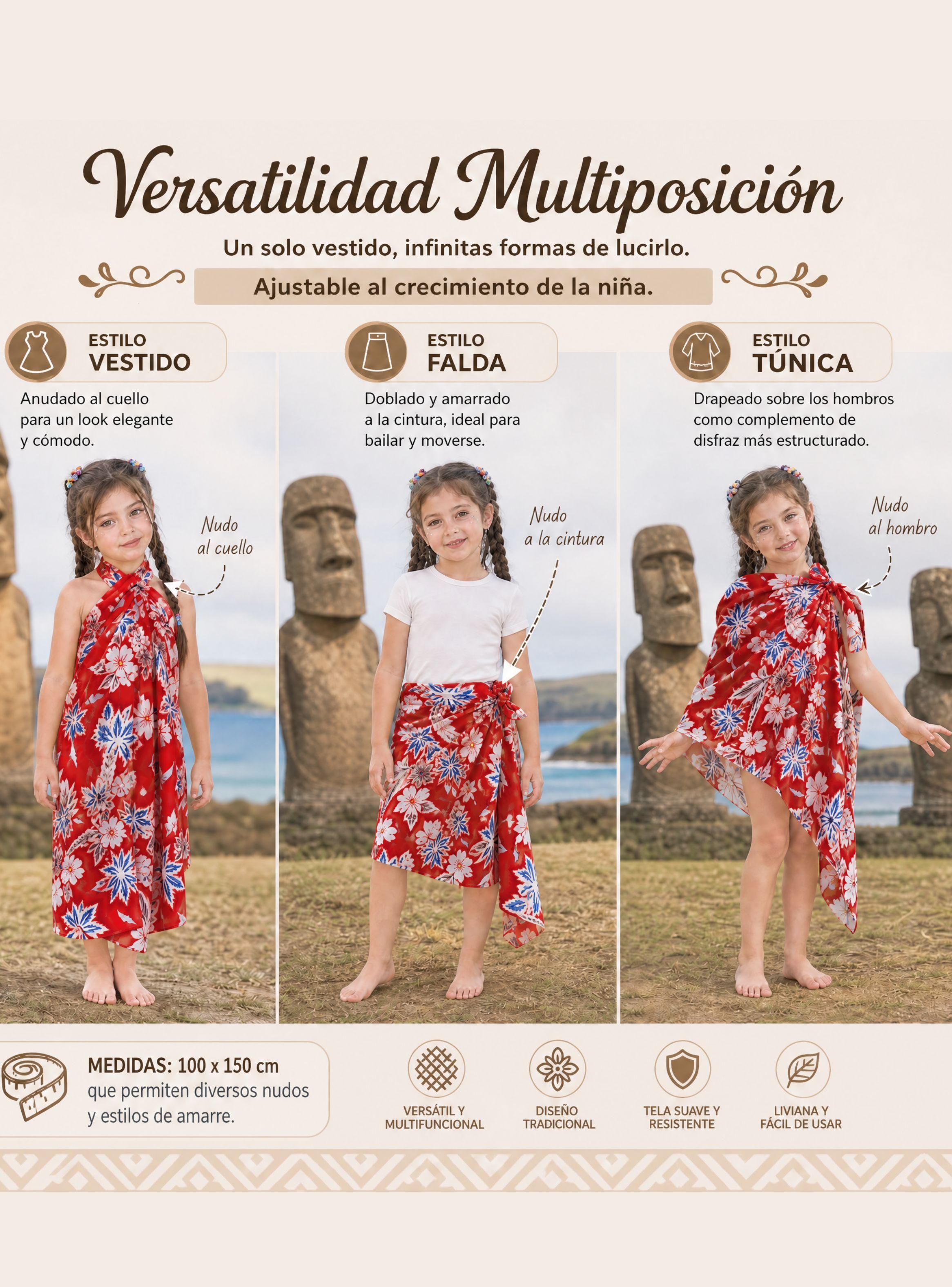 Pareo Pascuense Hawaiano Niña Rojo Danza Fiestas Patrias-6